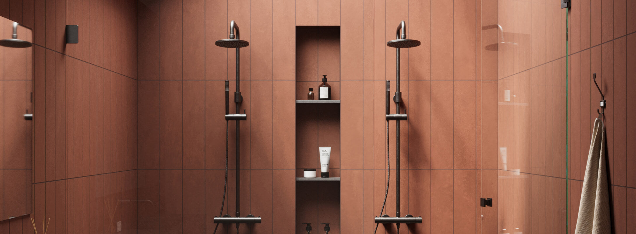 Modern shower with sleek black fixtures against a backdrop of vertical terracotta tiles, creating a warm and contemporary ambiance