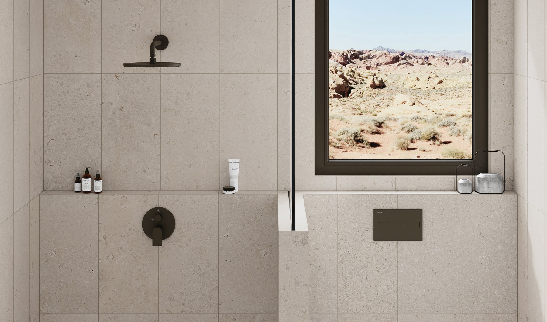 Elegant taupe shower tiles with a seamless large format design and minimal veining, creating a tranquil and spacious feel with a desert view. 125 characters