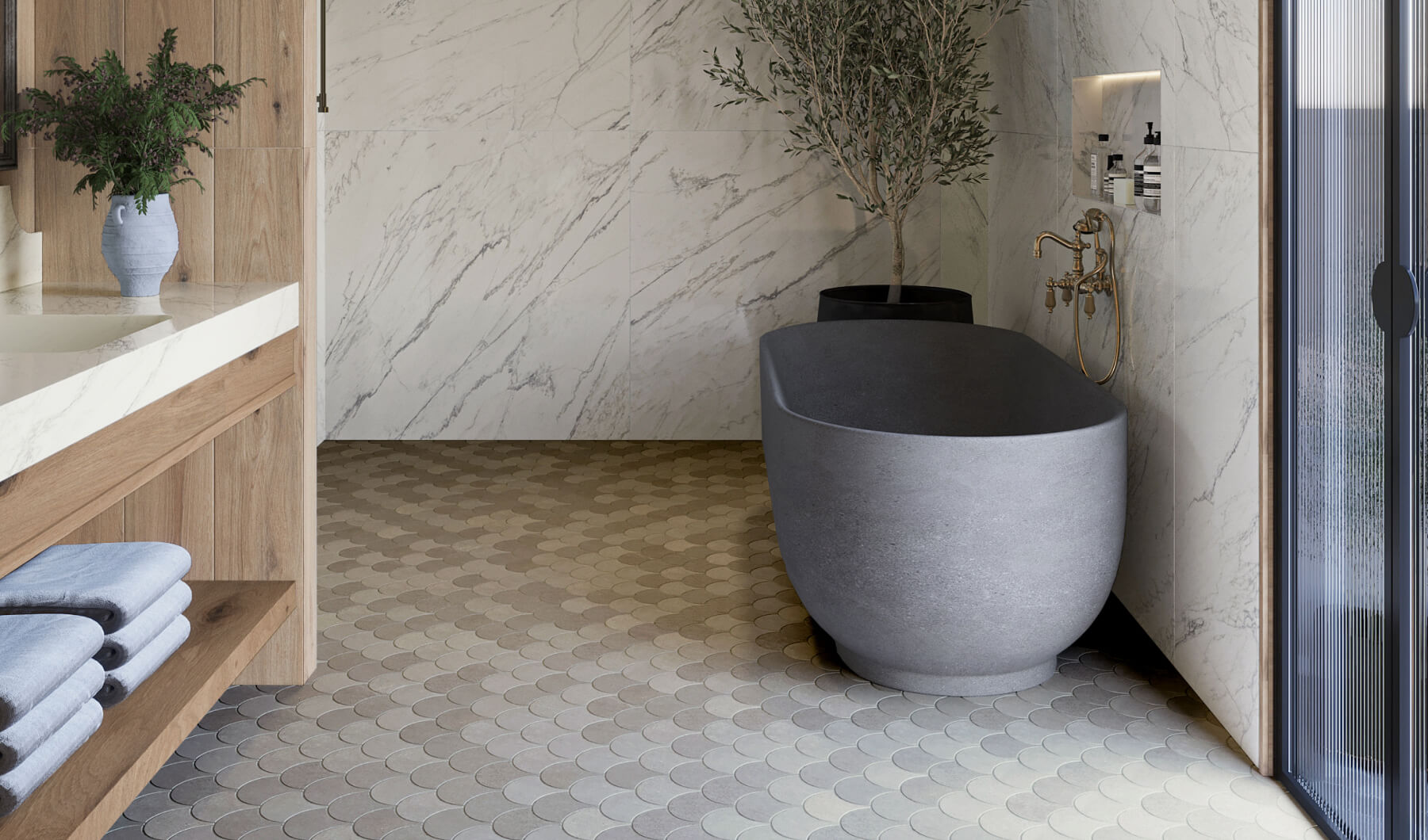 Chic bathroom featuring stone-look wall tiles and a geometric-patterned floor