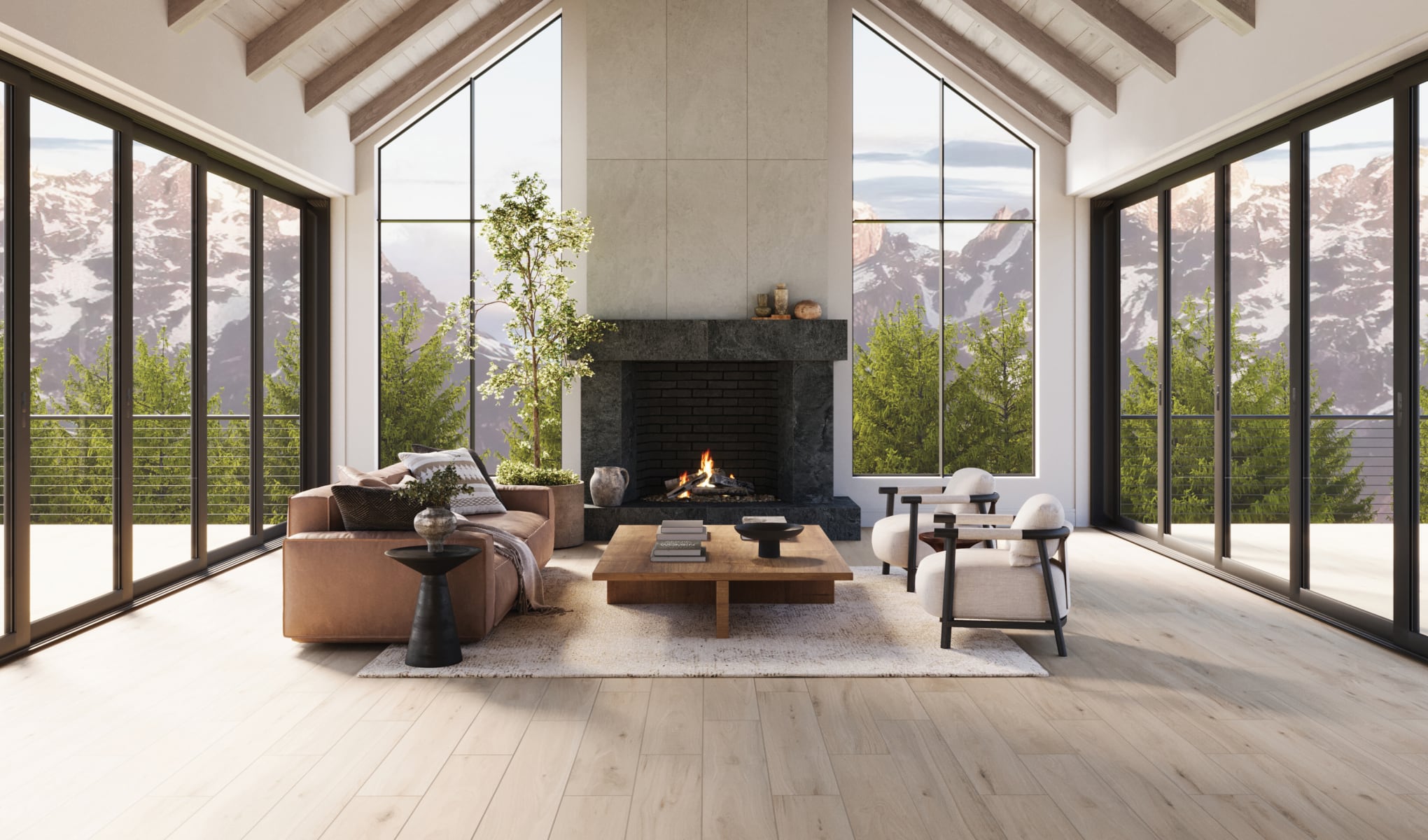 Beige wood look porcelain floor tile enhances luxury living areas with its natural elegance and durable charm.