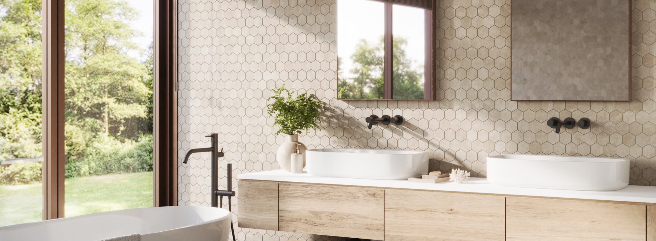Beige tiles with a luxury hex mosaic design elevate bathroom elegance, blending style and sophistication.