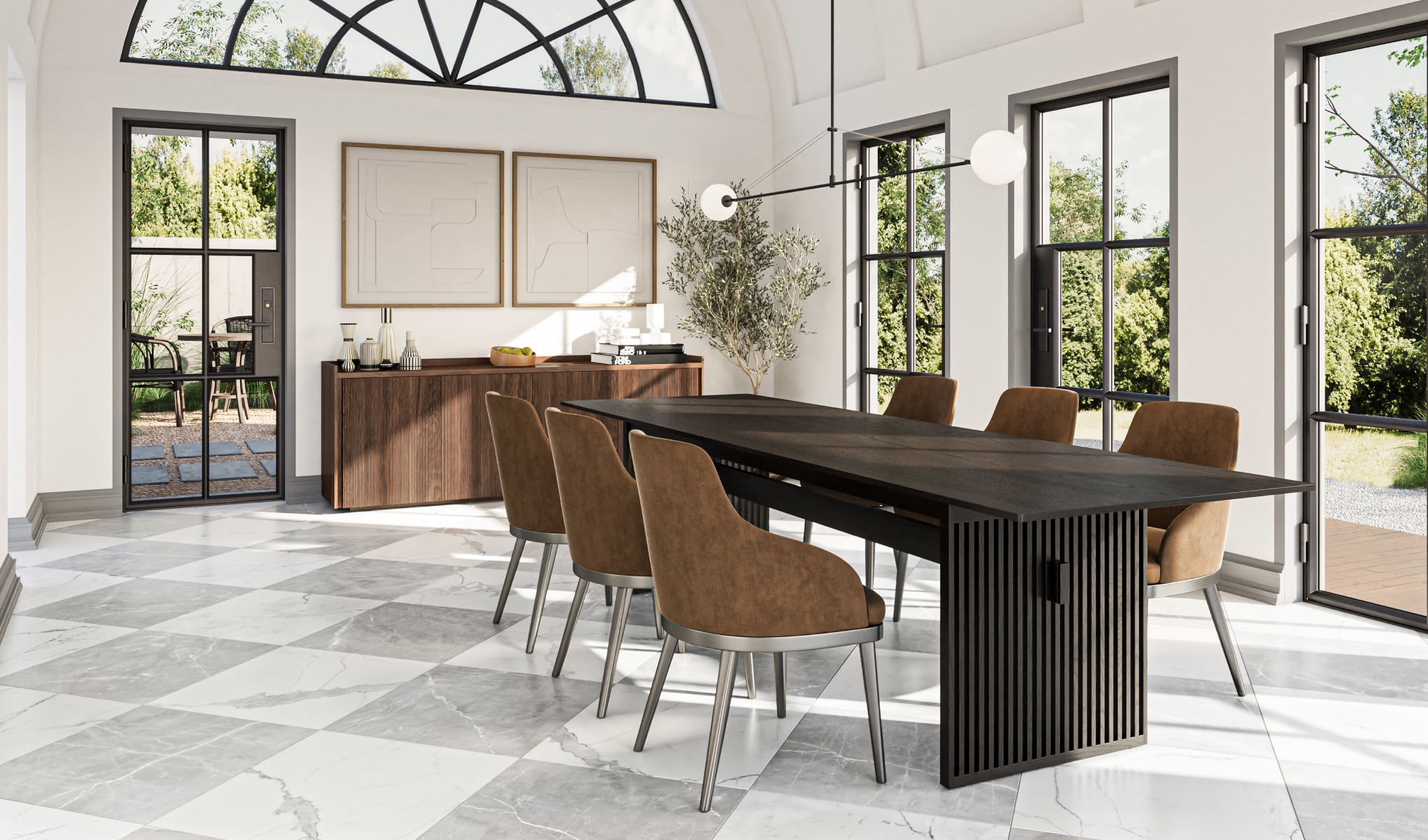 Chic grey tile in a checked pattern adorns the floor of a luxurious dining room, blending elegance with contemporary style.