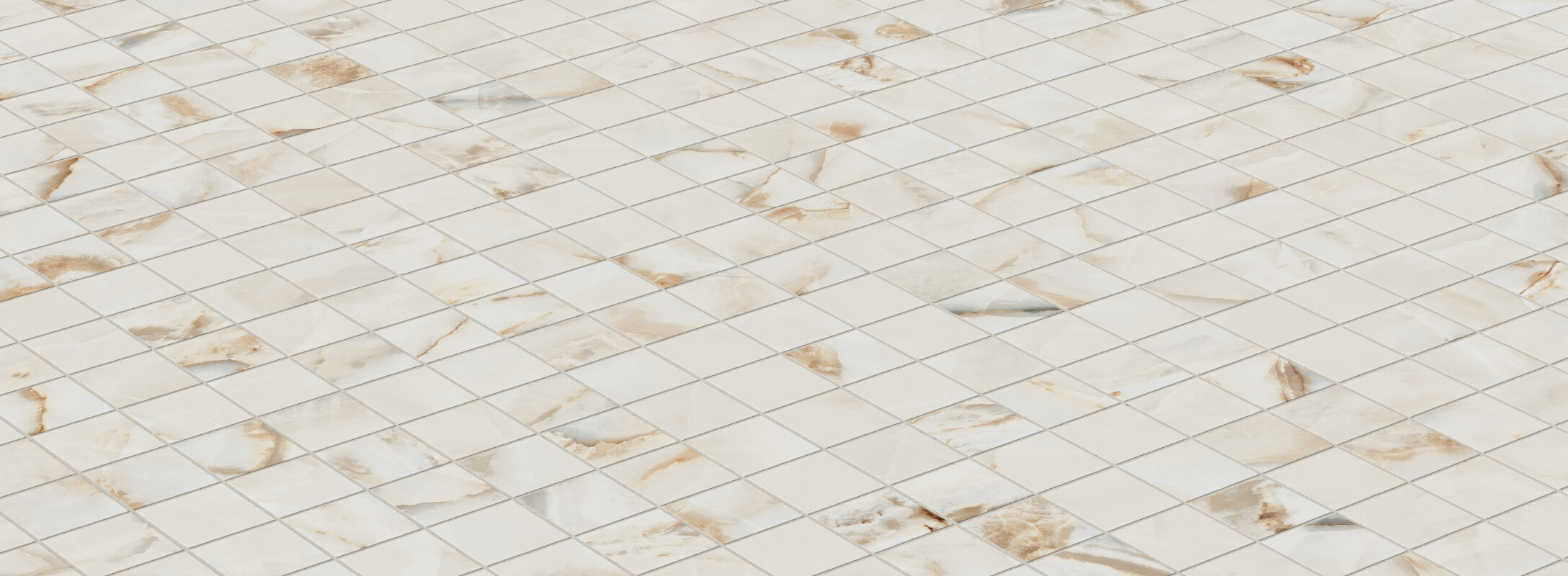 Elegant beige mosaic tiles featuring subtle marble patterns in warm, earthy tones, ideal for adding a touch of sophistication to any kitchen floor