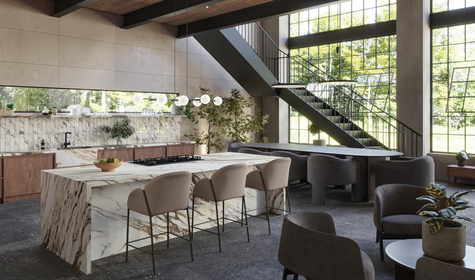 Open-concept kitchen with black floor tiles, marble countertops, and an expansive window wall, blending indoor and outdoor elements for a luxurious and airy feel