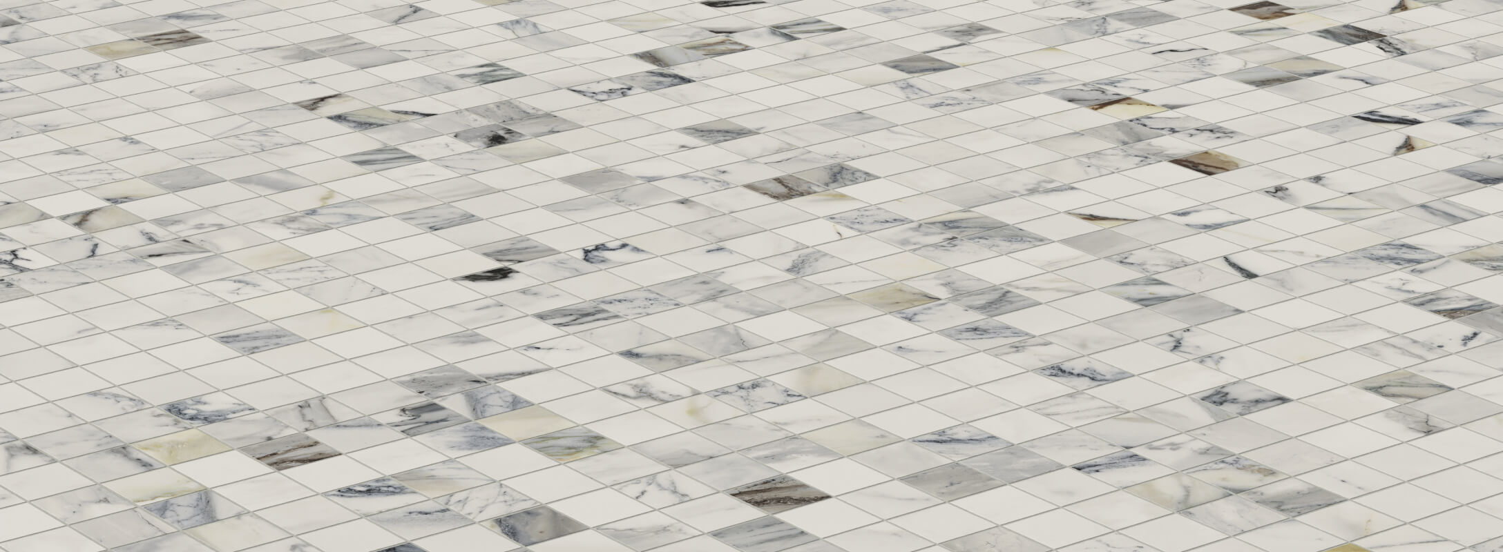 Matte cube mosaic marble look tiles in a white, grey, and soft blue mix, ideal for a sophisticated kitchen floor design
