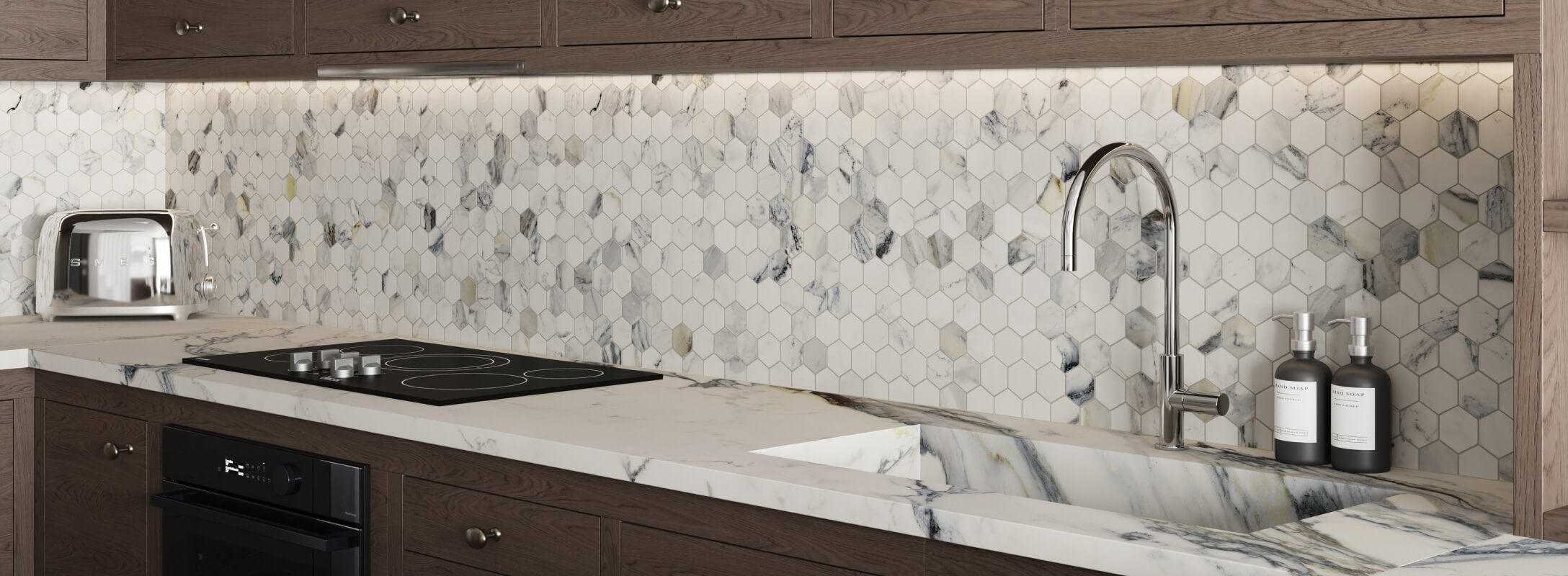 Modern kitchen featuring a sleek marble countertop and a hexagonal mosaic tile backsplash in a blend of white, blue, and grey tones, adding a sophisticated touch