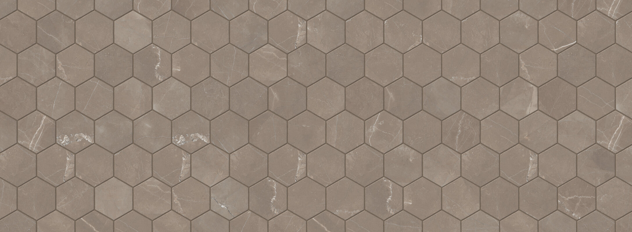 Hexagonal brown mosaic tiles with subtle veining, offering a warm, earthy look perfect for modern kitchen walls