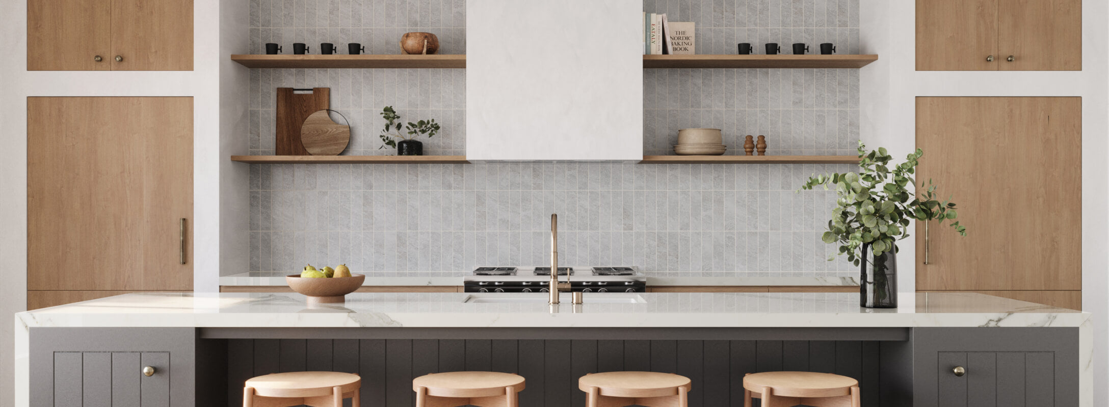 Modern kitchen with light grey vertical subway tiles, natural wood shelving, and a white marble island featuring minimalist decor