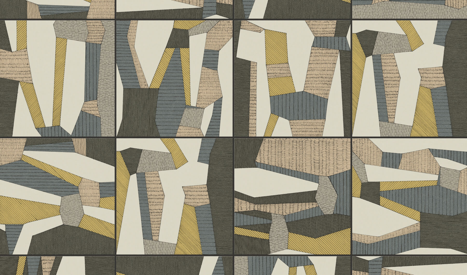 Geometric multicolor tiles featuring an abstract pattern with shades of yellow, gray, and black, creating a modern and dynamic kitchen design