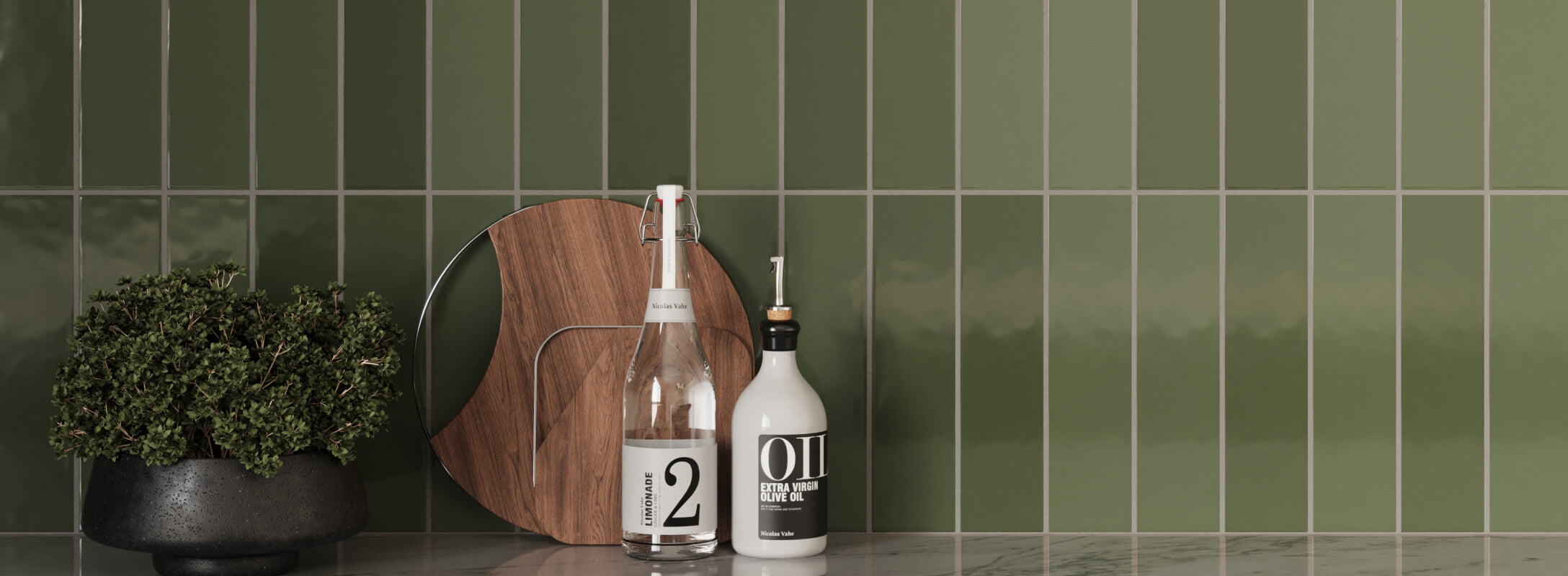 Glossy multicolor subway tiles arranged vertically, adding a vibrant touch of natural elegance to a modern kitchen backsplash