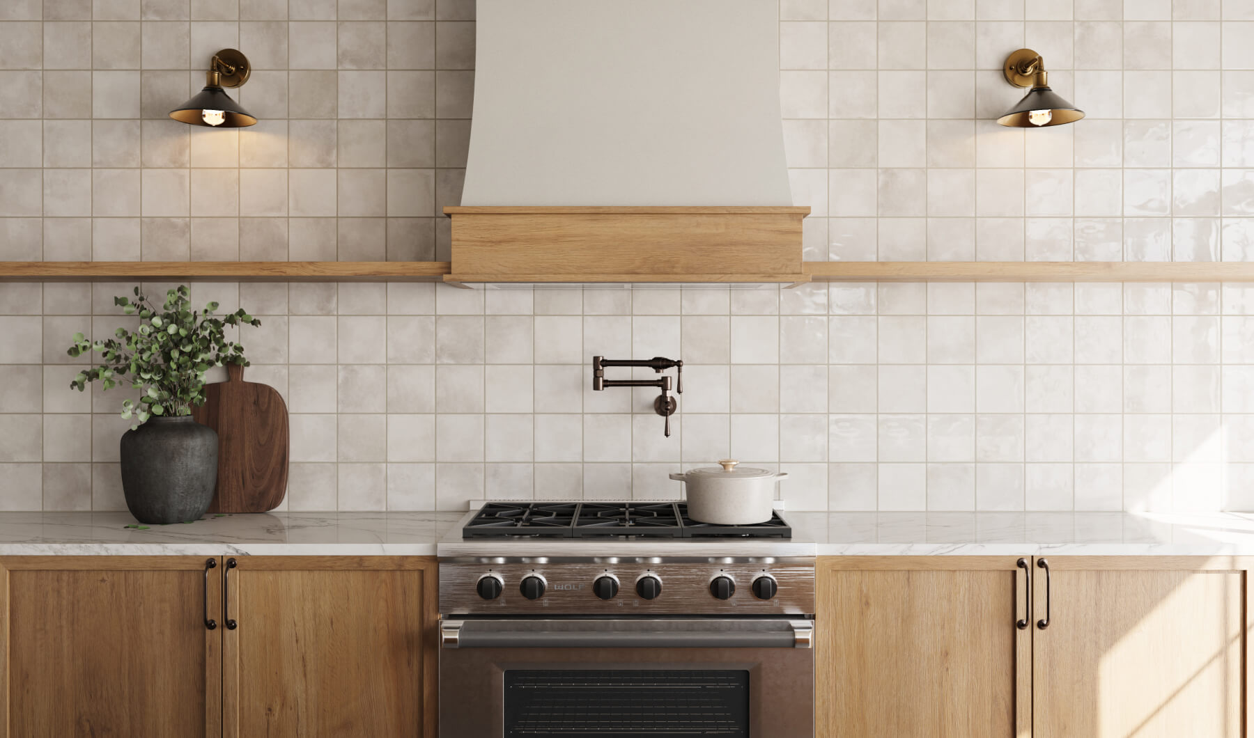 Classic taupe kitchen tiles with a glossy finish, complemented by wooden cabinetry and a modern stainless steel stove