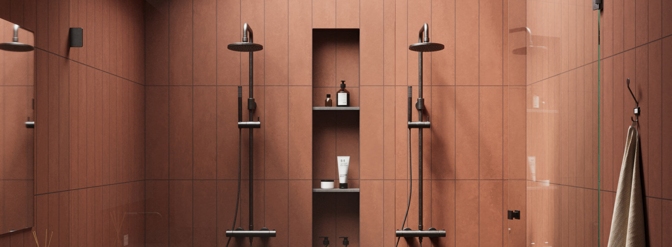 Modern shower with vertical red subway tiles, featuring dual rain shower heads and a built-in shelf for toiletries