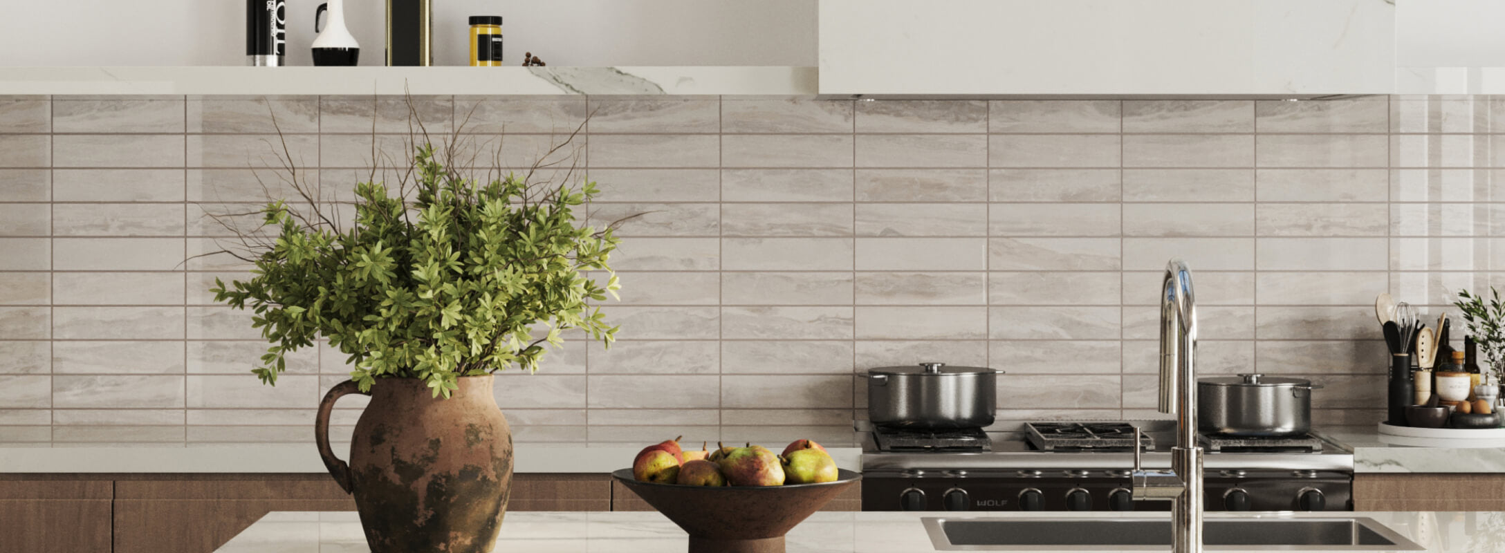 Contemporary kitchen featuring taupe subway tiles, adding a touch of elegance and warmth to the backsplash