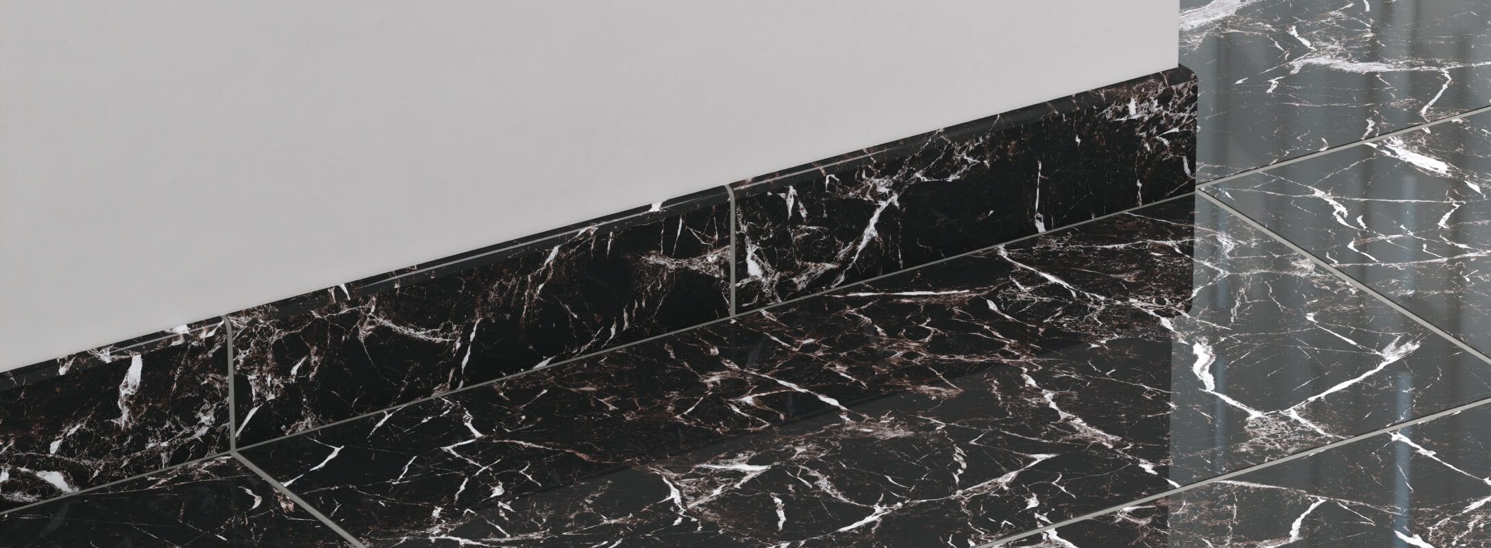 Glossy black marble look tiles with coordinated edge trim, featuring bold white veining for a luxurious and dramatic finish.