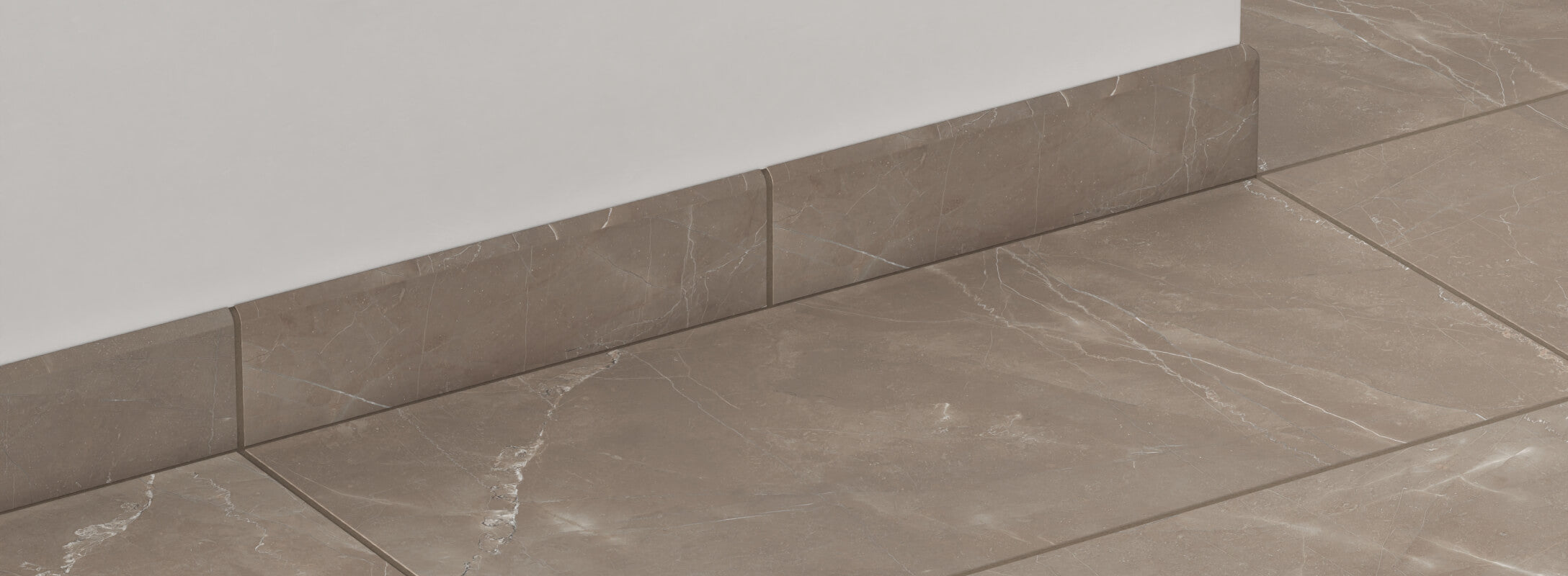 Elegant brown marble look tiles with matching edge trim, featuring subtle veining for a warm and cohesive finish.