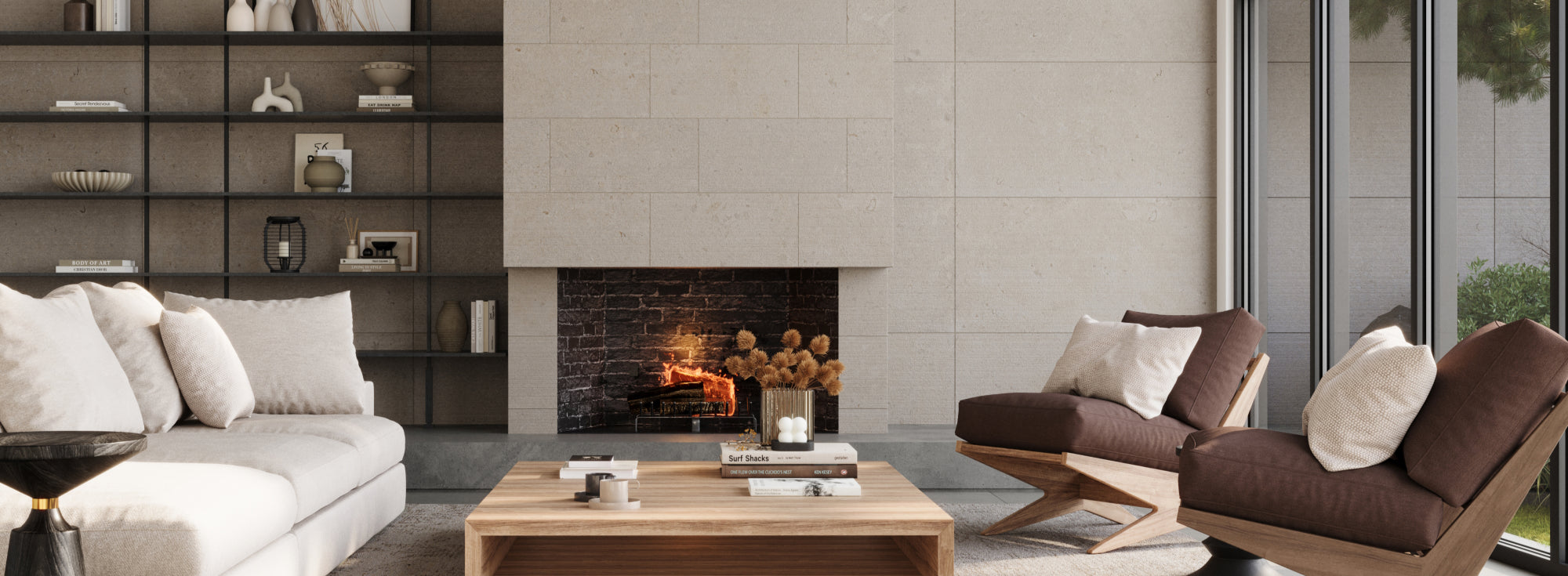 Contemporary living space adorned with wall tiles, adding texture and elegance for a chic, modern ambiance.