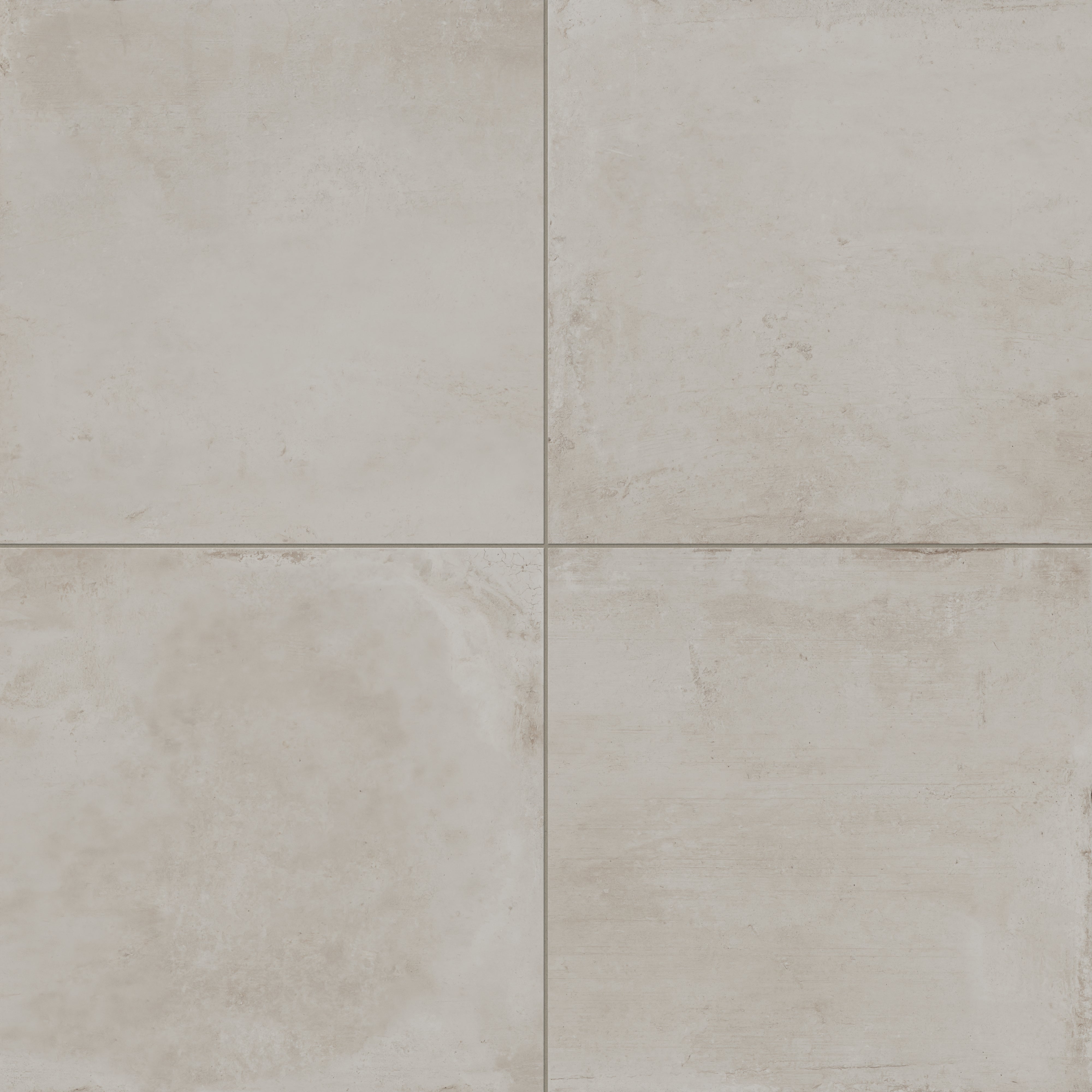 24x24 matte porcelain tile with a soft whitewashed taupe finish and subtle textural concrete details for a clean, contemporary look
