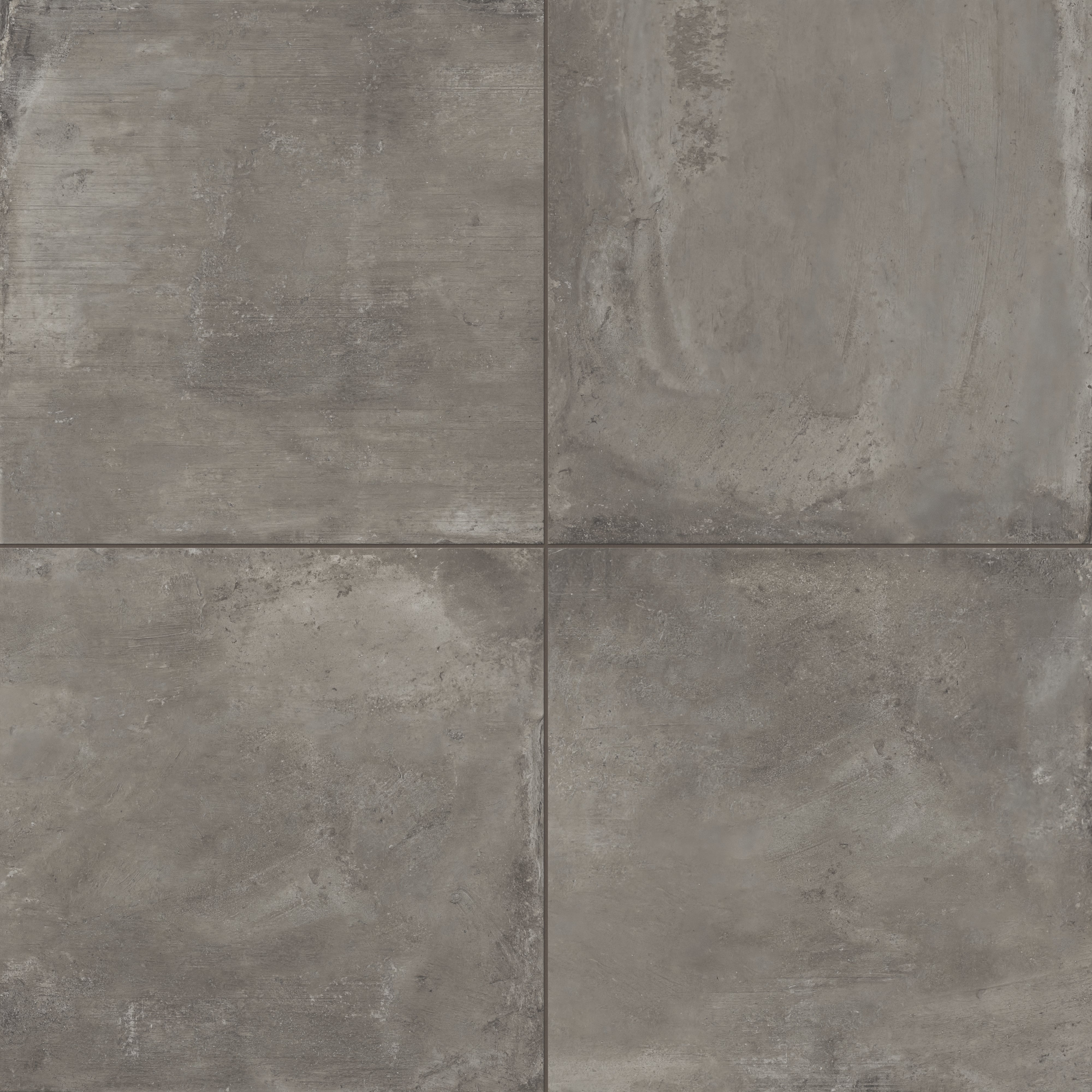 24x24 matte porcelain tile featuring dark gray hues with light brown undertones and industrial-style concrete textures for a contemporary look