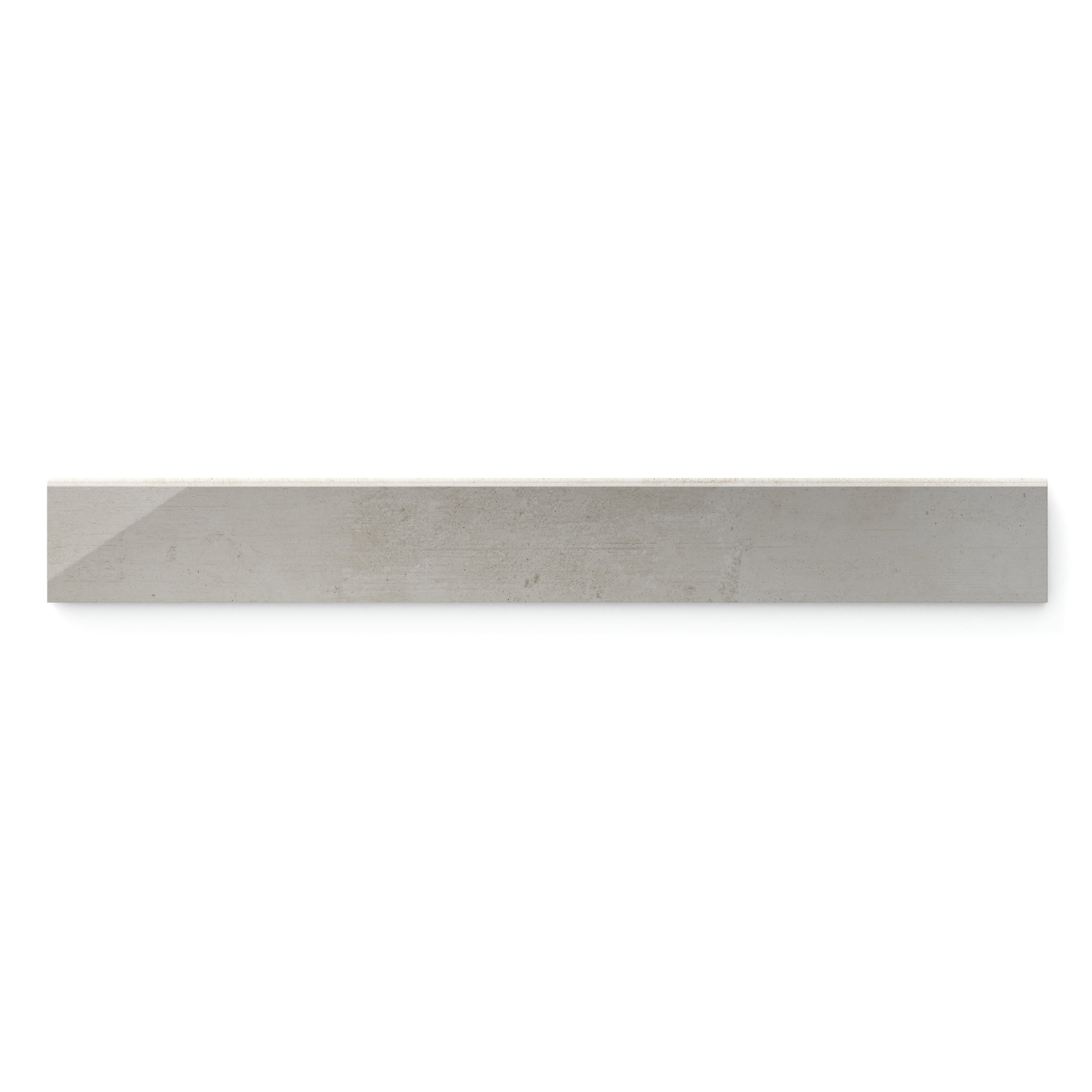 Ramsey polished 3x24 bullnose tile in a soft, light gray-beige tone, perfect for elegant edge detailing or baseboards