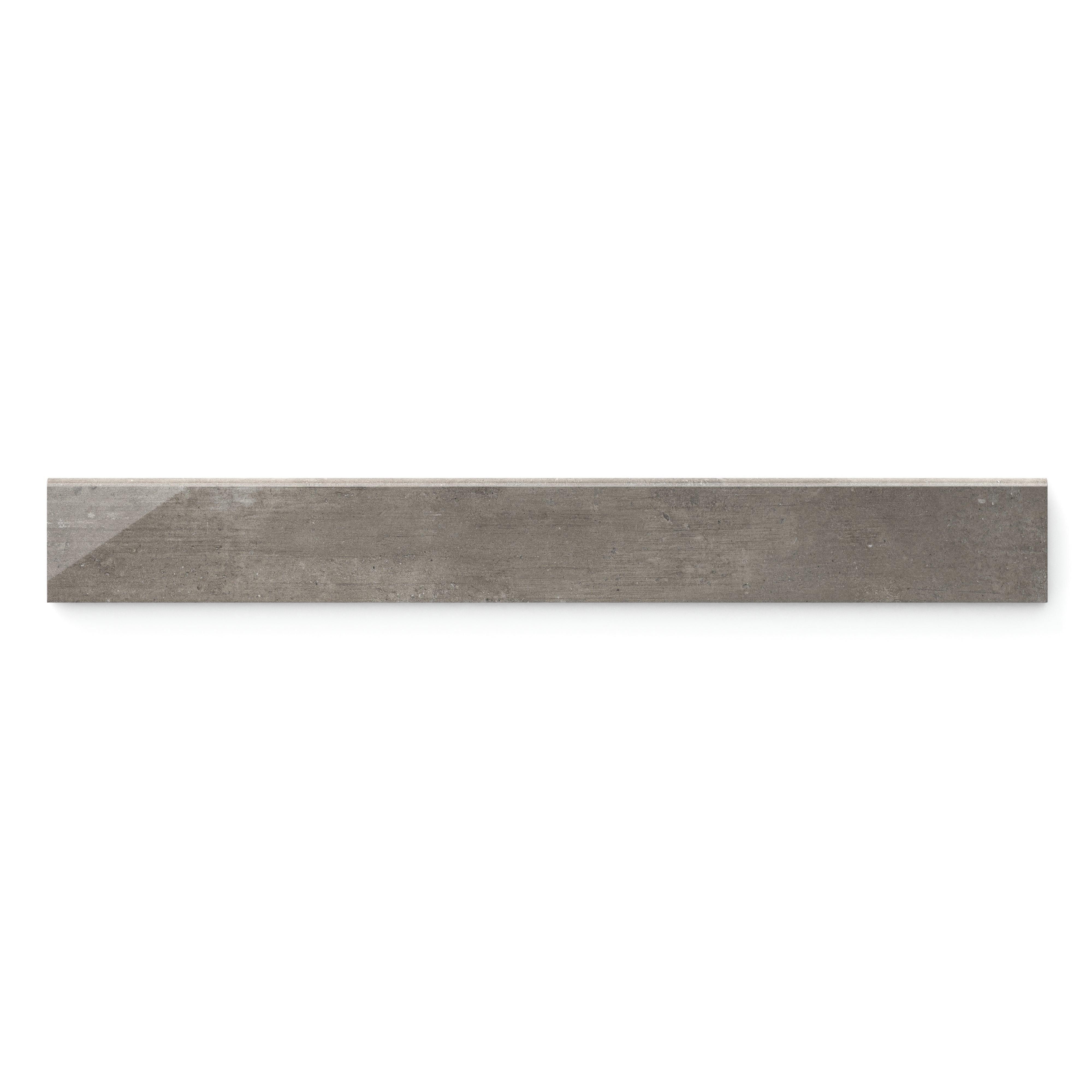Polished Ramsey 3x24 bullnose tile, featuring a sleek, modern concrete texture for refined wall and floor transitions