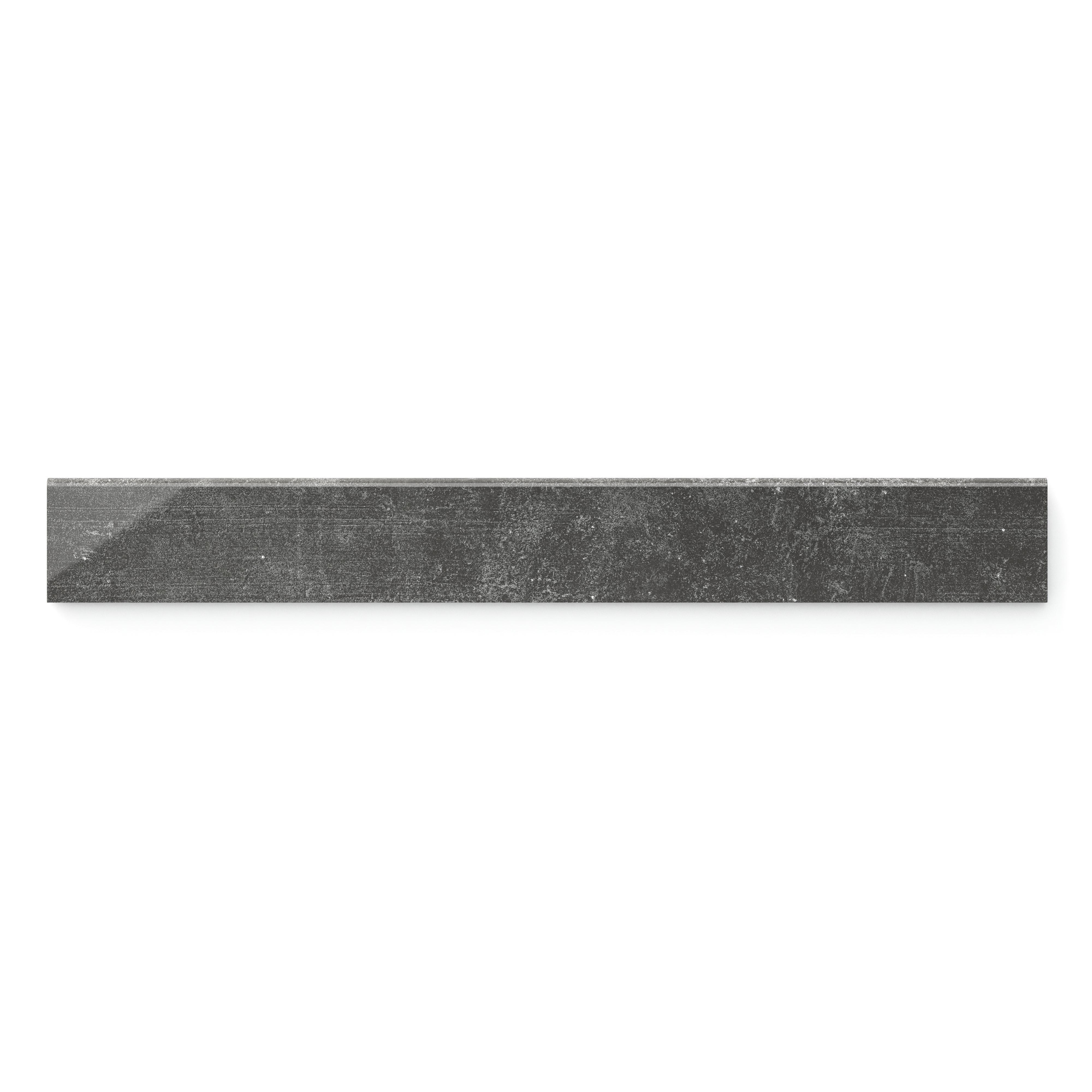 Ramsey 3x24 polished bullnose tile in a deep dark gray tone, offering a sleek and contemporary edge for walls and floors