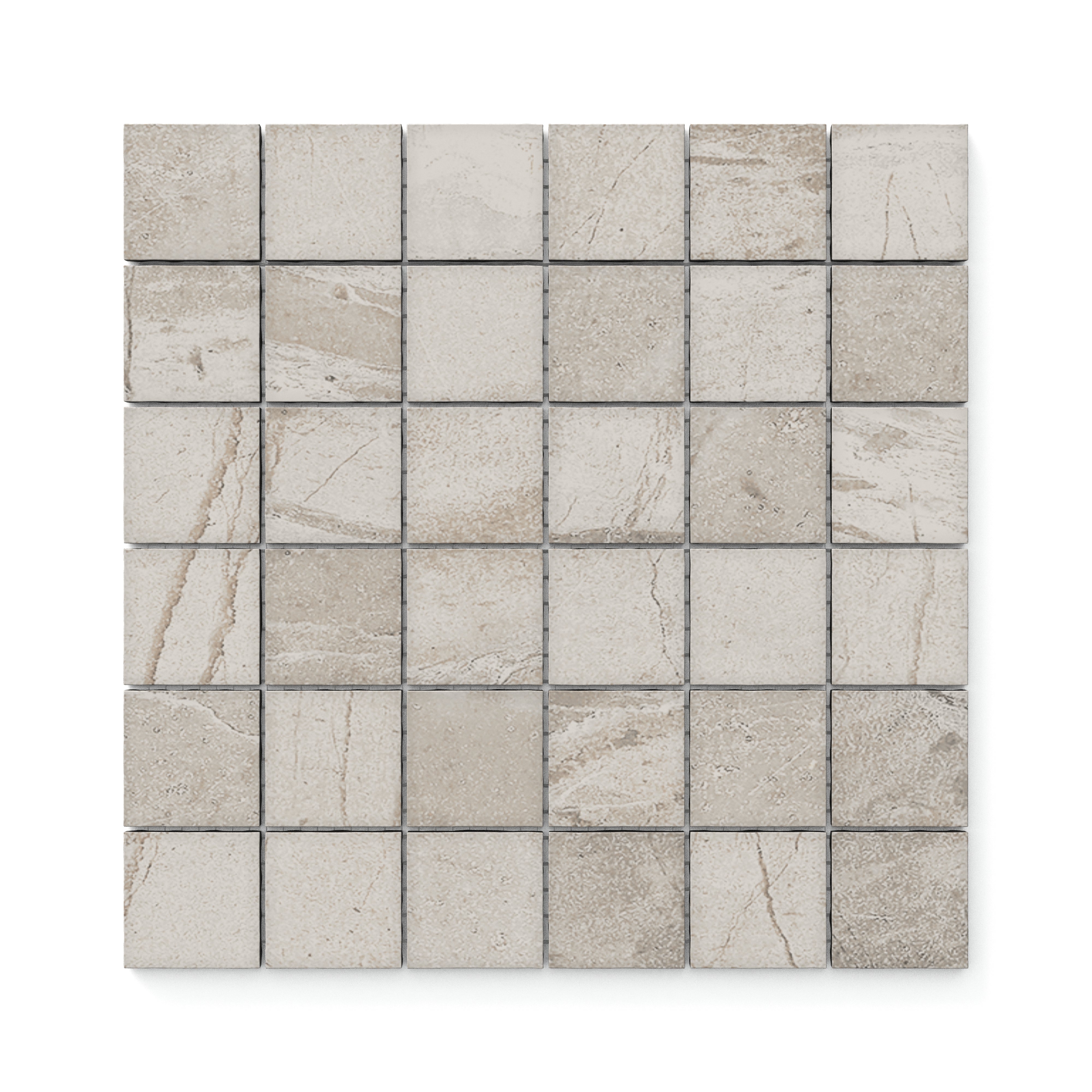 Taupe mosaic tiles showcasing a matte texture with delicate veining, offering a clean and timeless look for modern interiors.