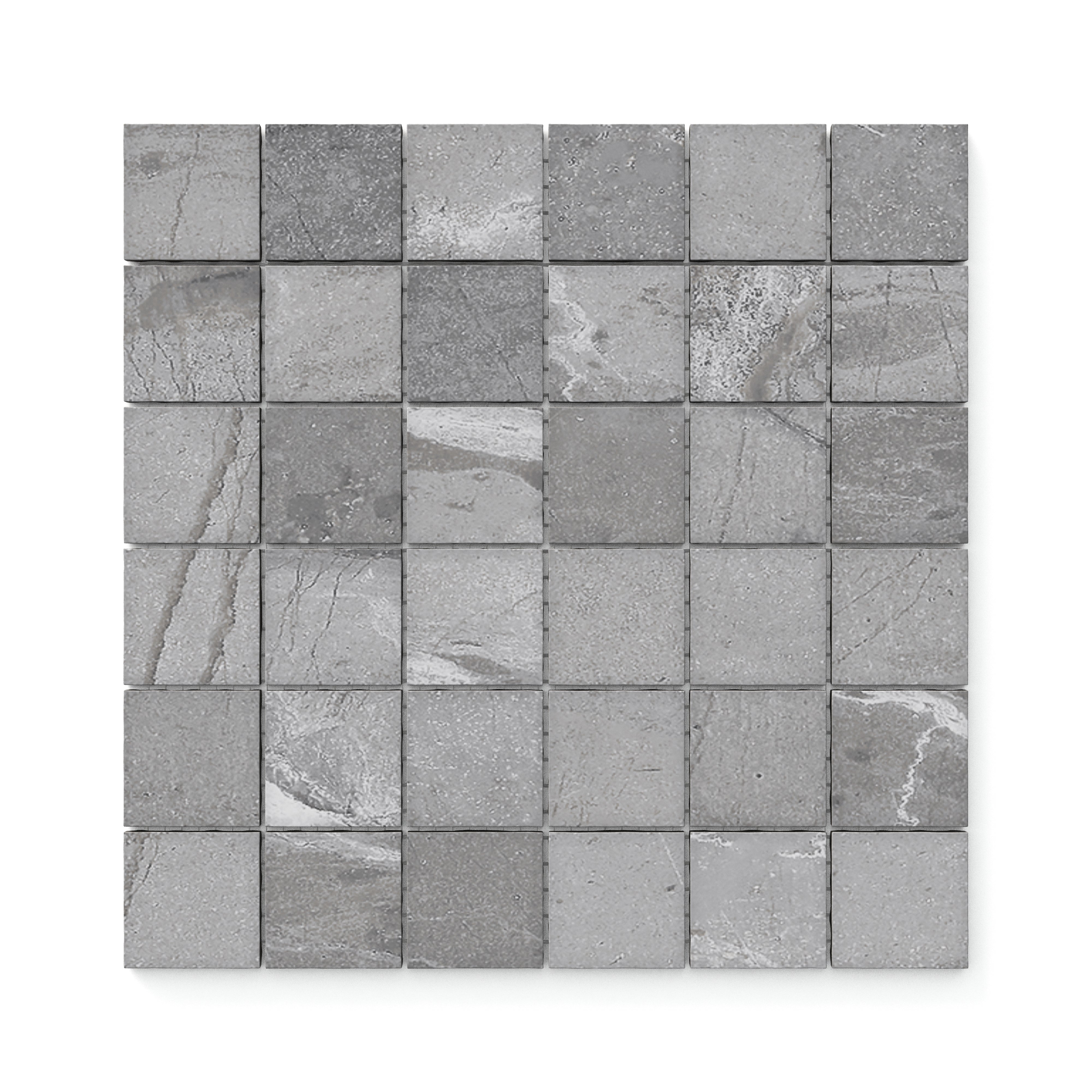 Matte-finished mosaic tiles in a cool grey shade, featuring a textured surface and soft natural veining, perfect for adding a contemporary touch.