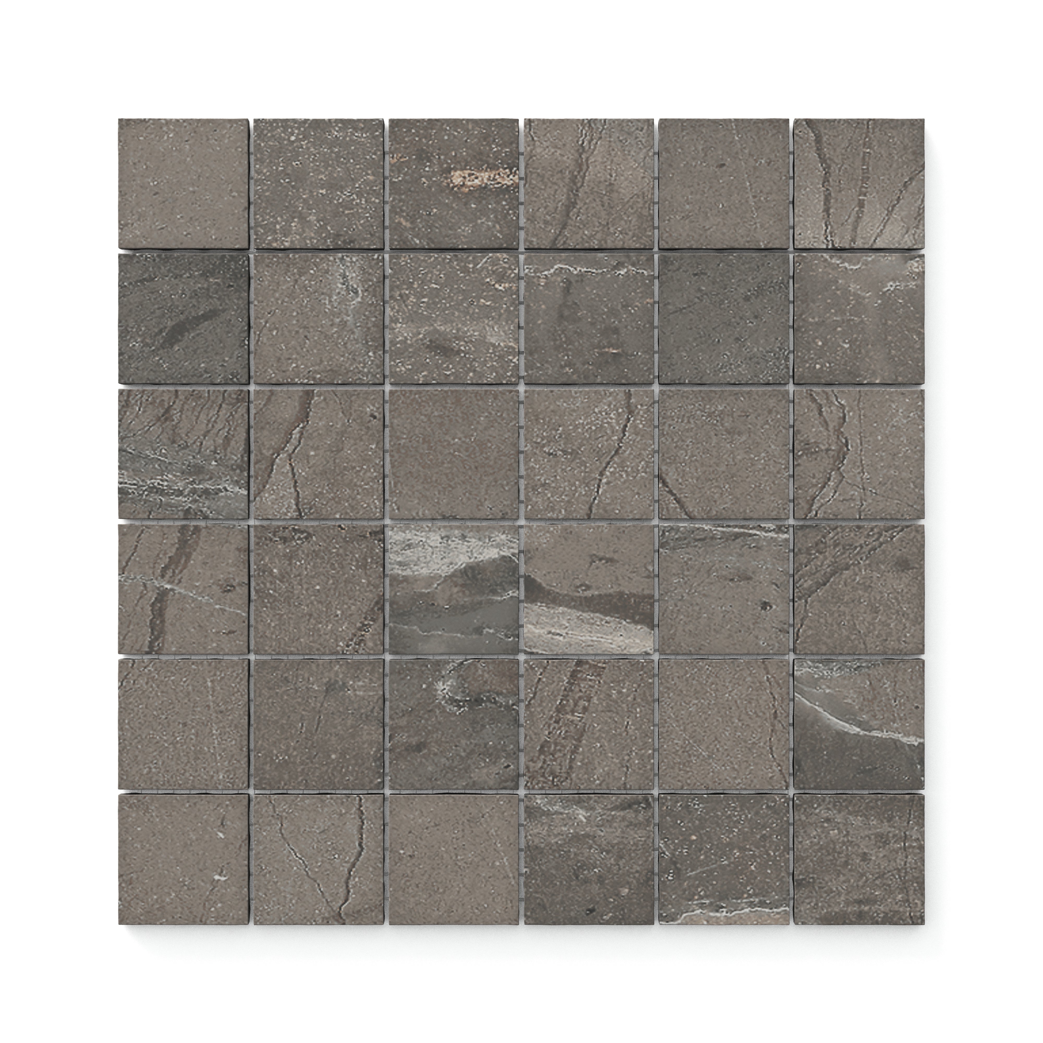 Brown mosaic tiles featuring a matte finish and subtle natural veining, perfect for adding depth to walls or floors.