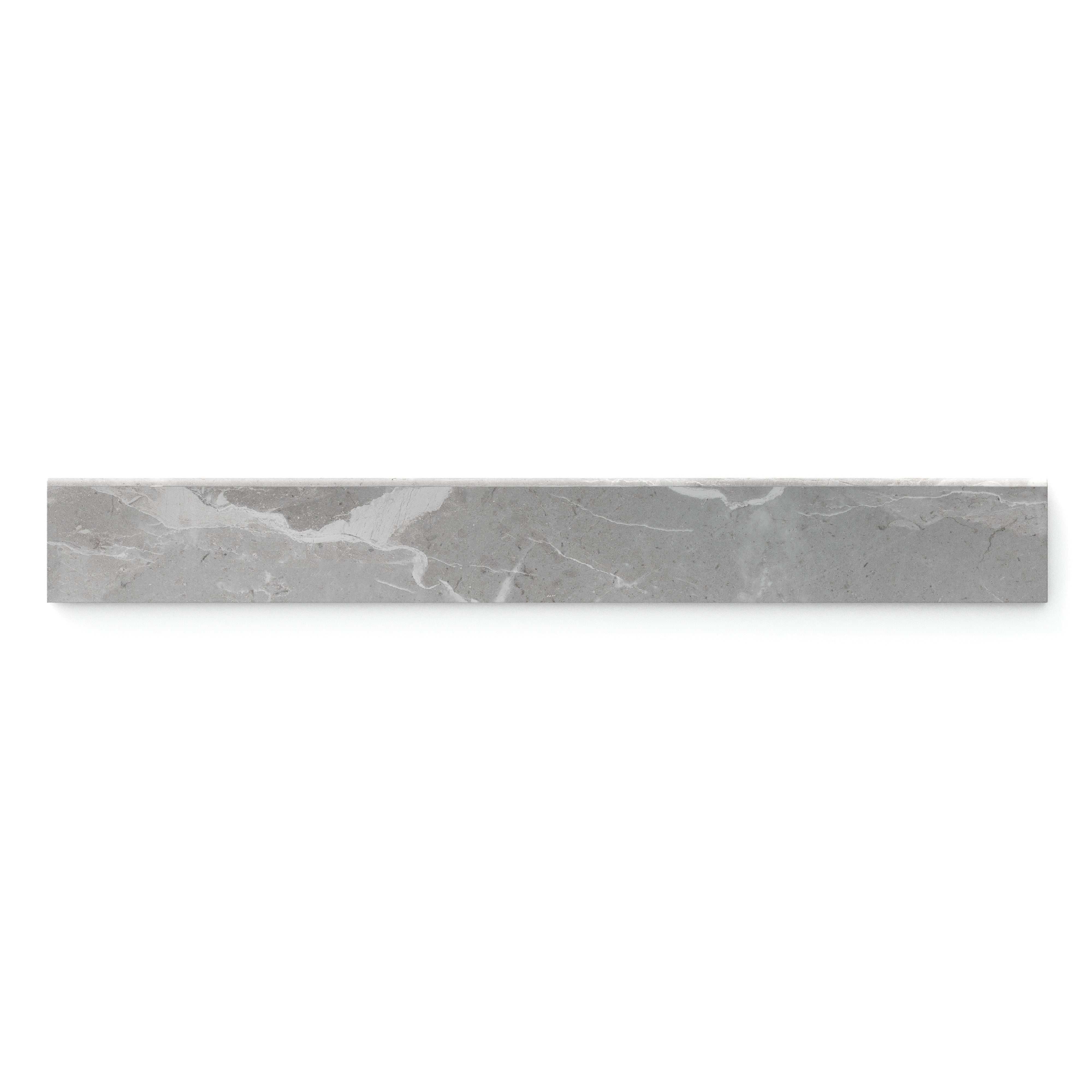 Matte bullnose tile in light grey, detailed with gentle veining, ideal for a sleek and cohesive edge finish.