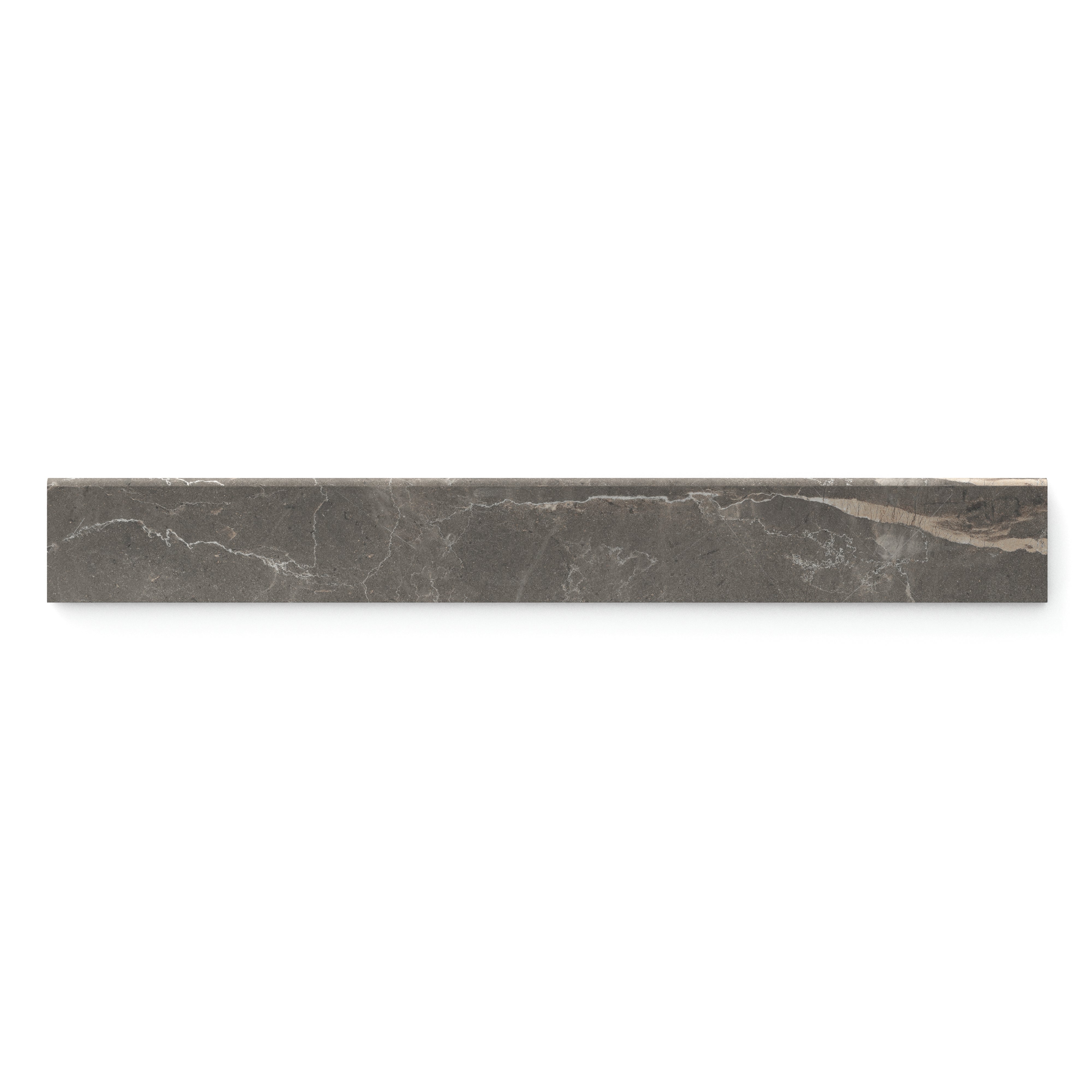 Grey bullnose tile in a matte finish, featuring delicate veining for a seamless and refined edge detail.