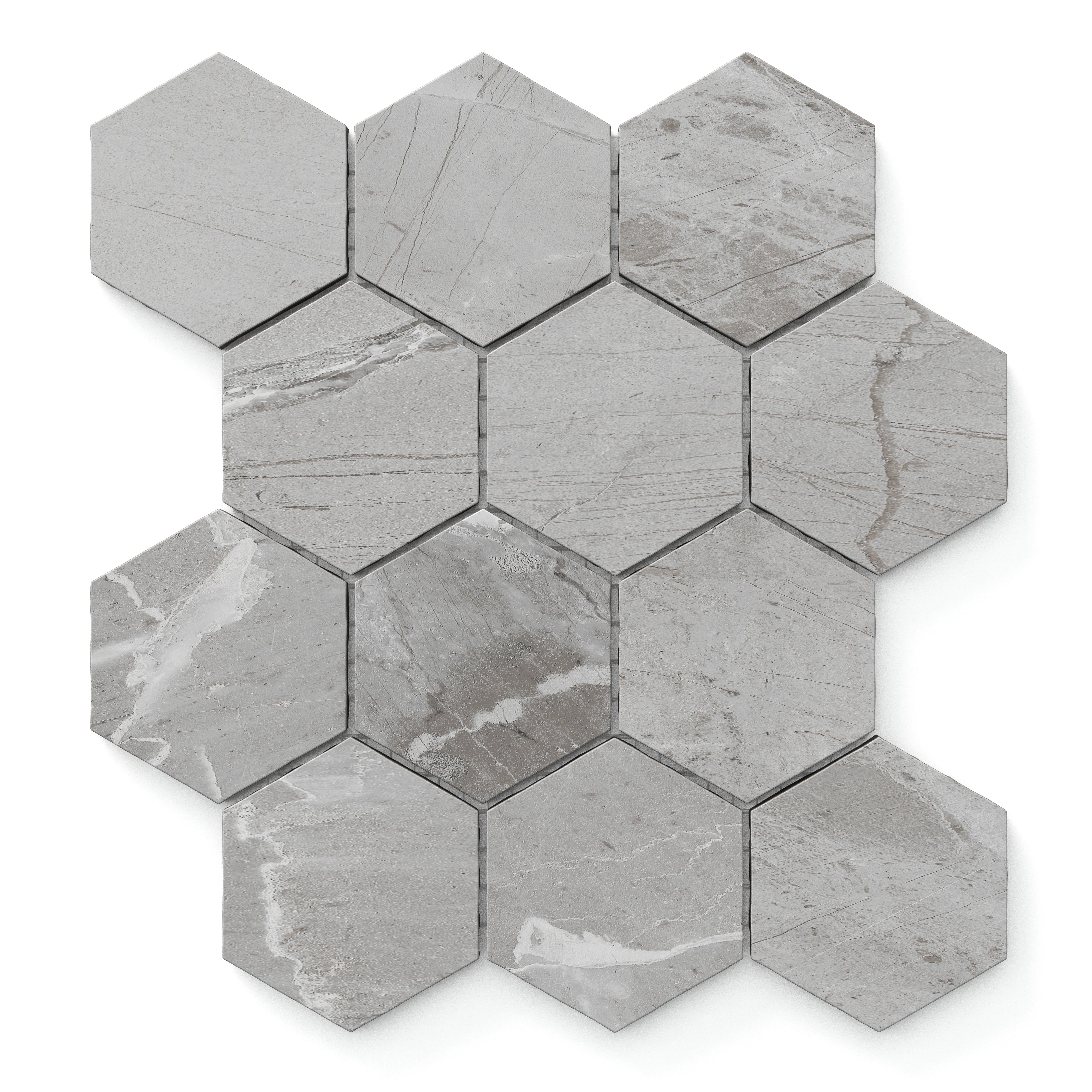 Subtle veining enhances the matte hexagonal tiles in a soft grey shade, adding depth to their minimalist, modern look.