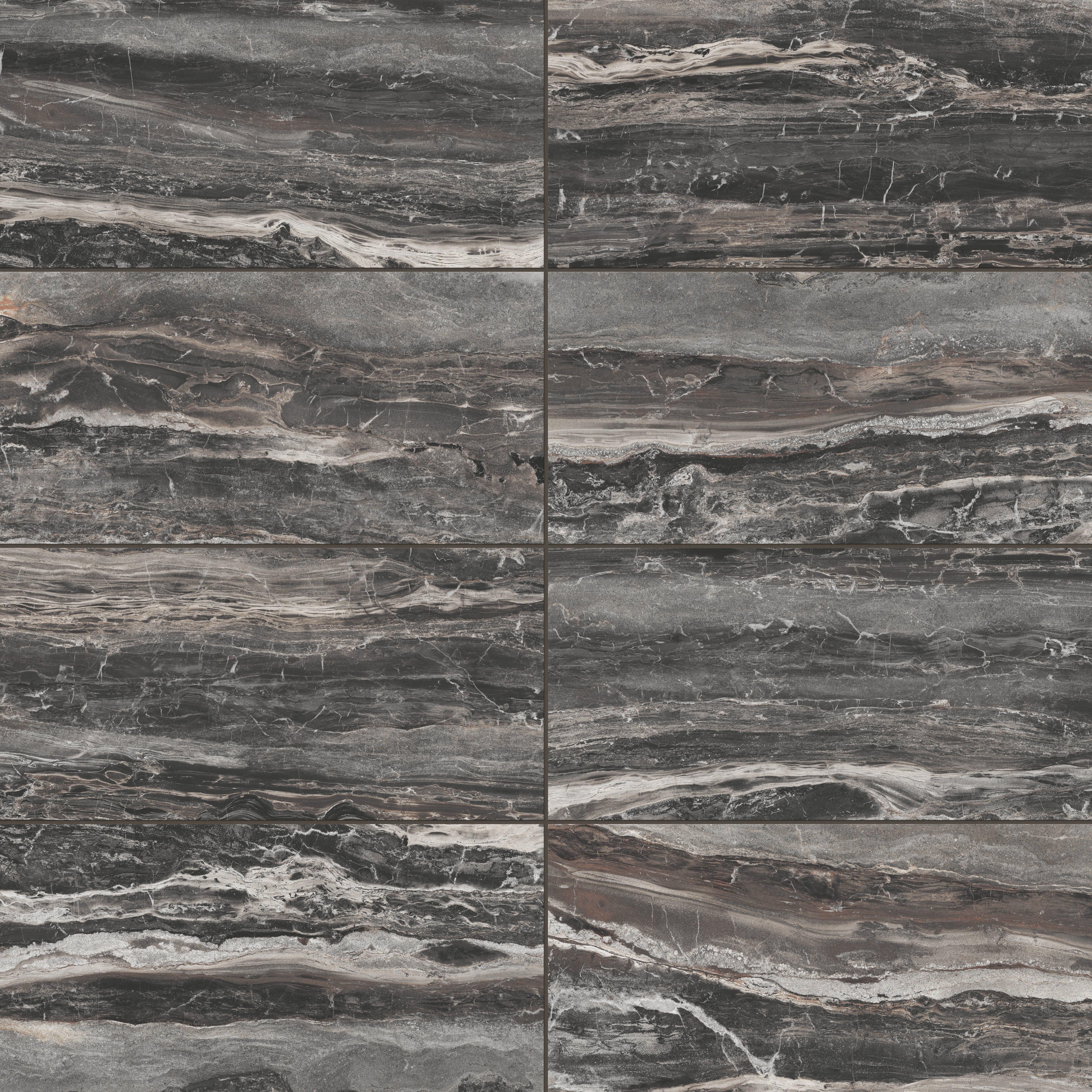 Close-up of Harley Graphite 12x24 matte tiles, featuring brown and dark grey hues with intricate veining for a bold and sophisticated aesthetic.