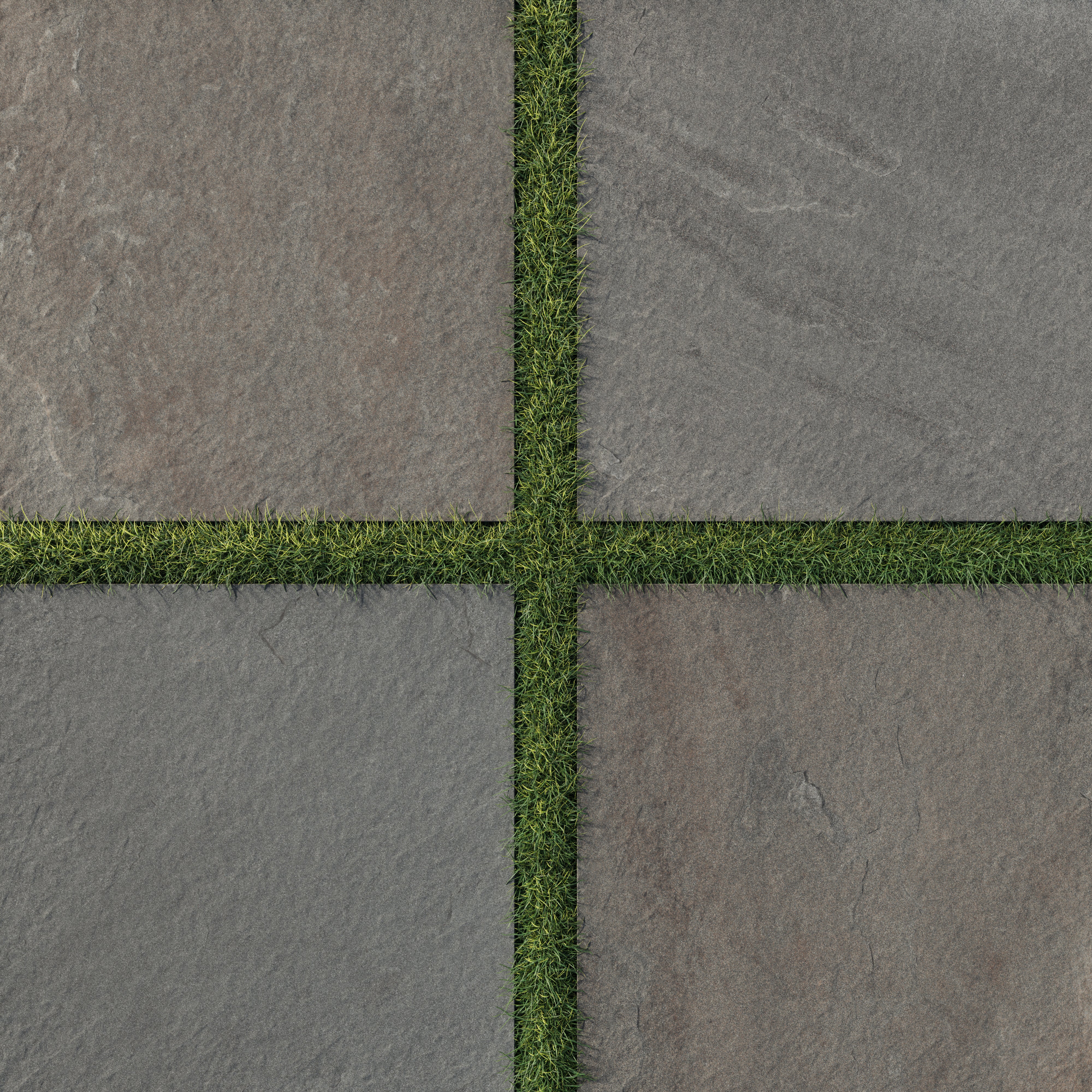 Bowden 24x24 Grip Porcelain 2CM Paver in Multicolor, showcasing earthy tones and lush green grass accents for a natural outdoor aesthetic.