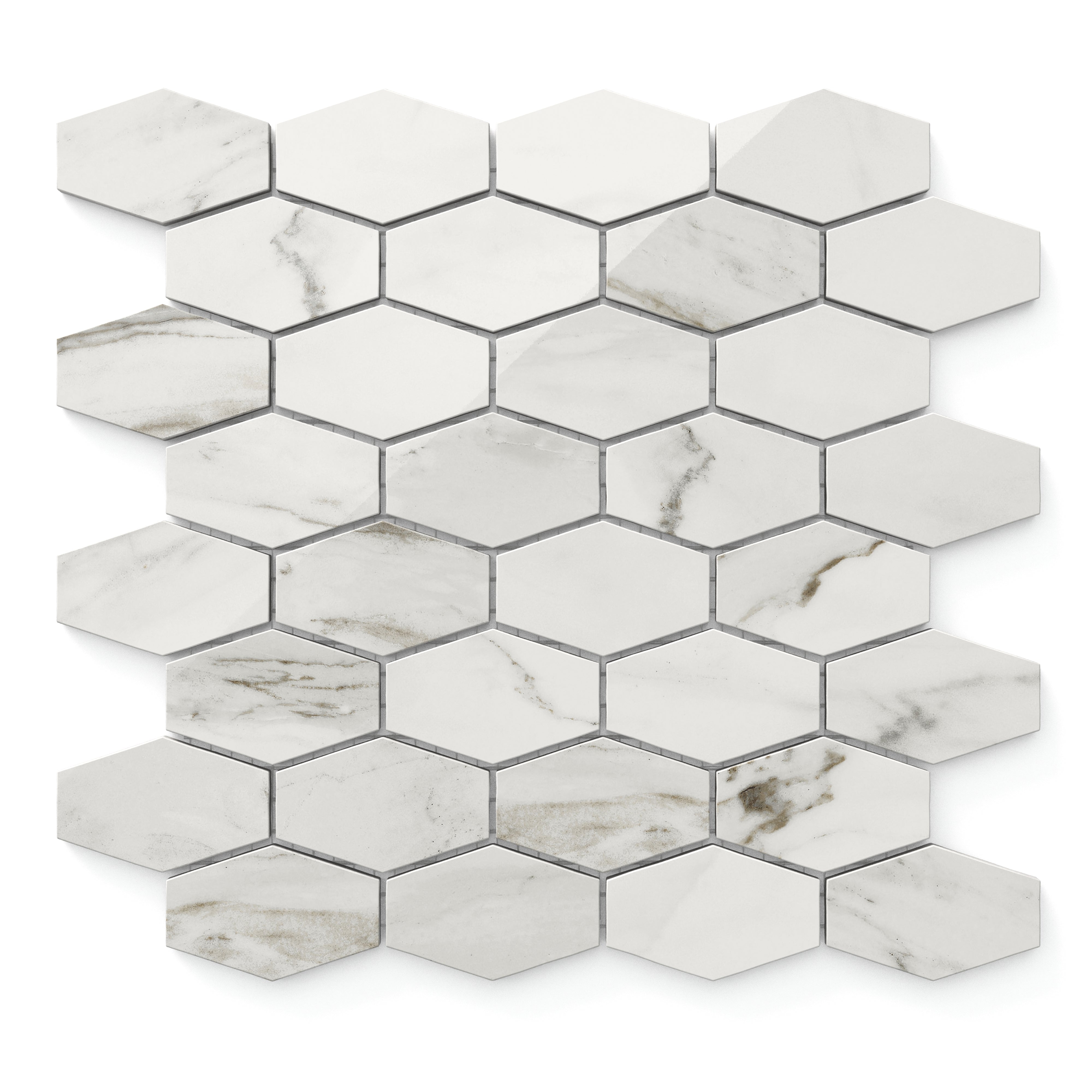 With a sleek white foundation and delicate light grey veins, these Chantel Apuano 12x11 polished hexagonal tiles offer a sophisticated marble effect.