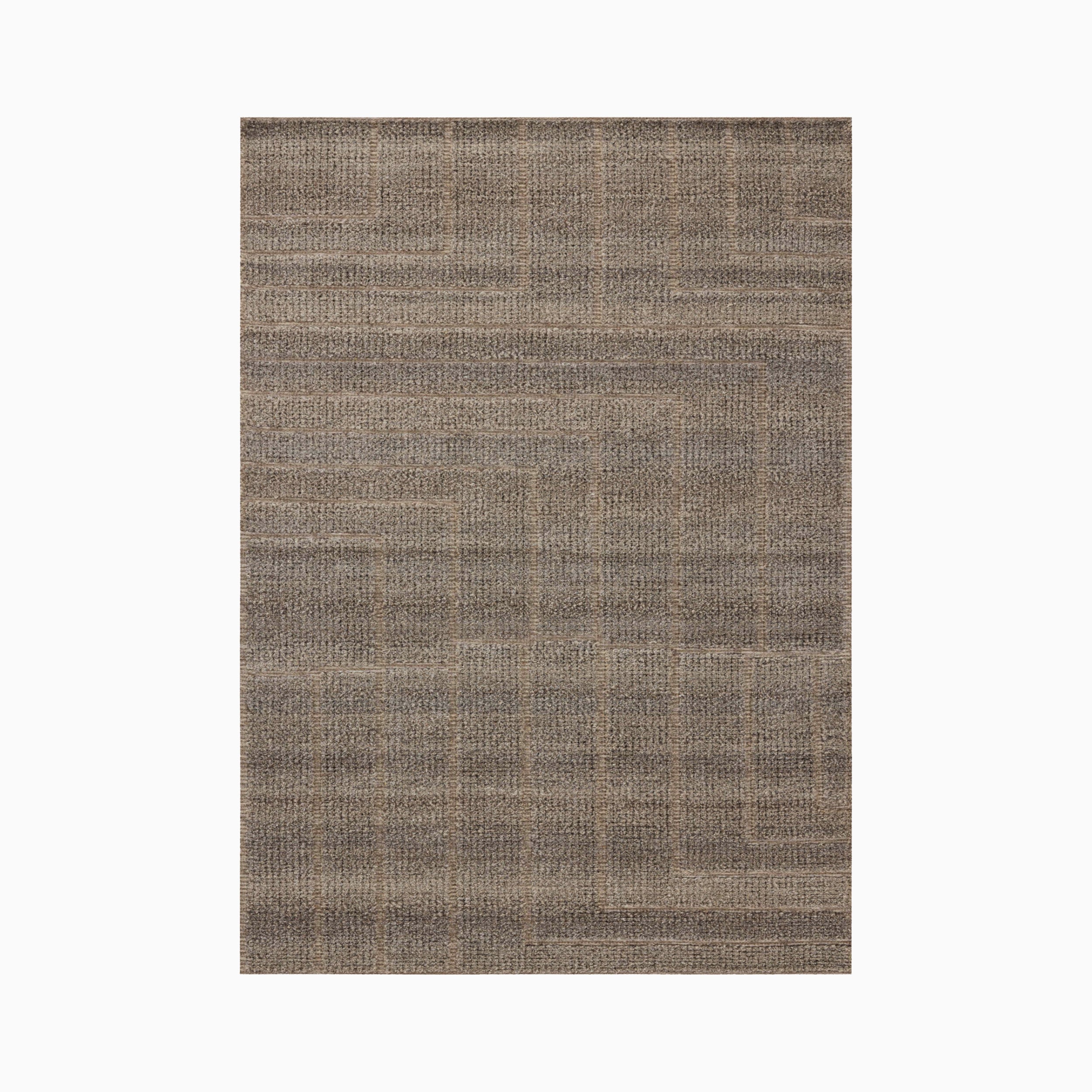 This 8'6" x 11'6" brown rug shows gentle shifts in tone and angular geometric lines, hand-loomed from an eco-friendly blend of wool, cotton, and polyester.