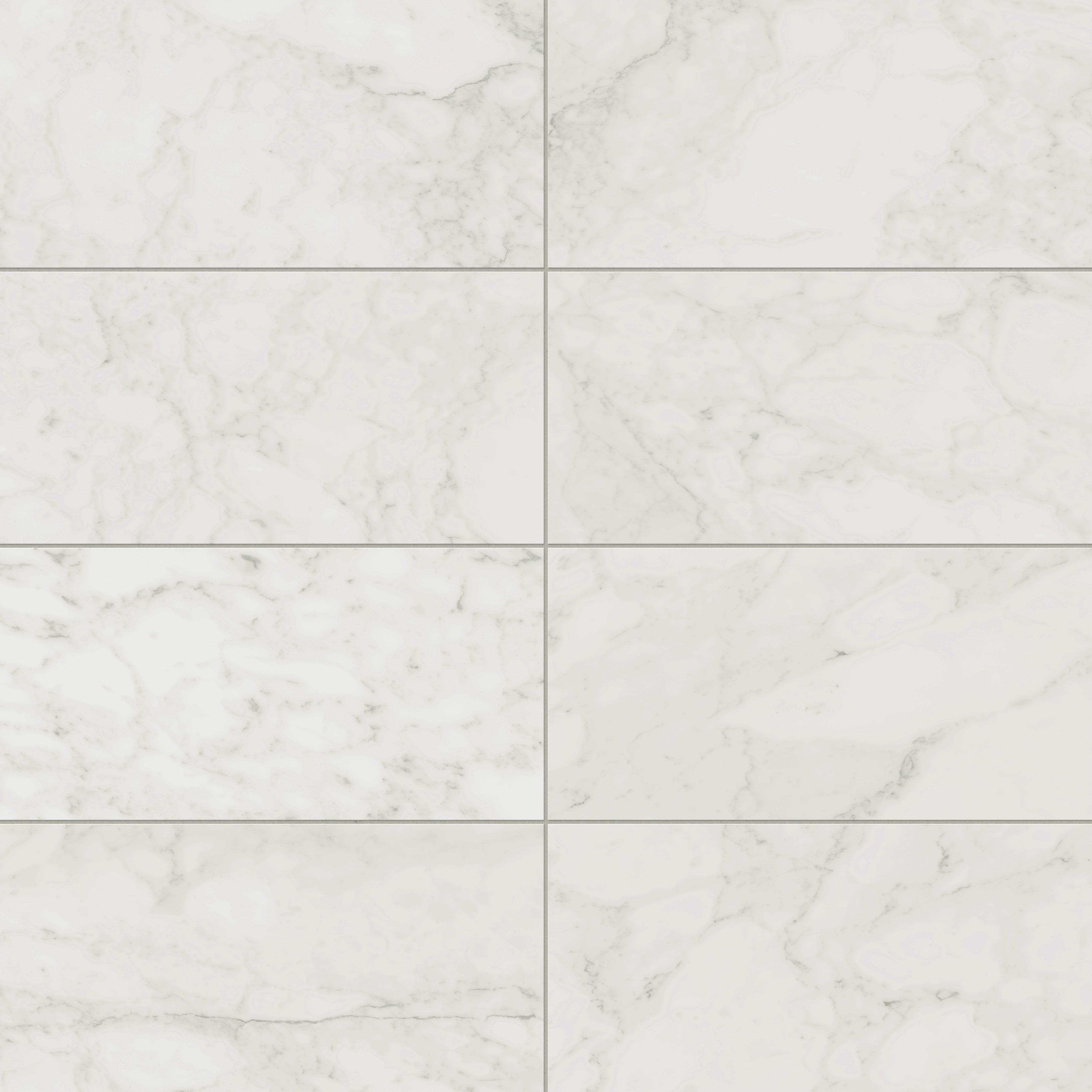 Matte Carrara Bianco porcelain marble look tile in 12x24 format, featuring light grey veining on a bright white base for a classic, versatile design.