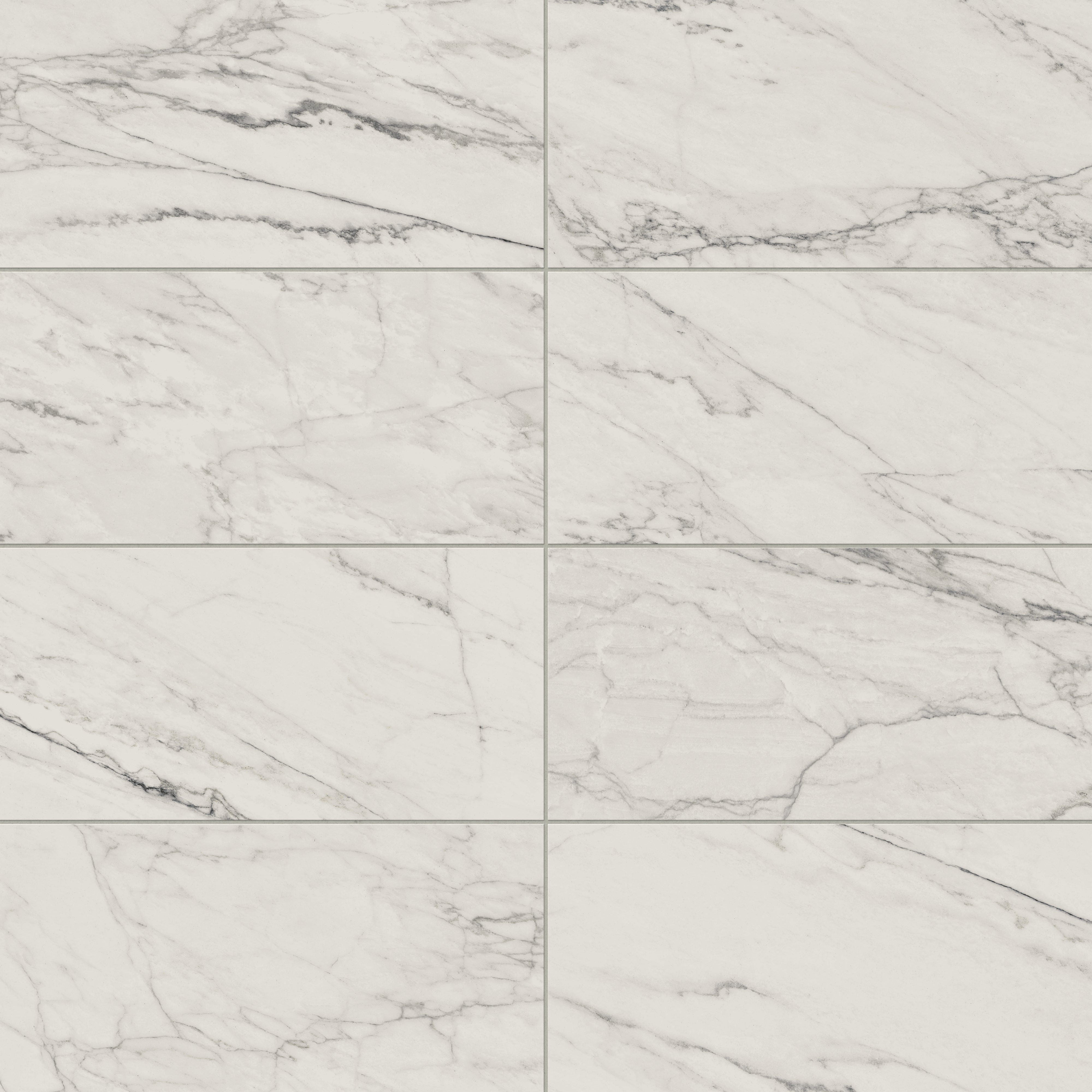 Matte Calacatta Quarzite porcelain marble look tile in 12x24 format, showcasing light grey veining on a white surface for a subtle, modern look.