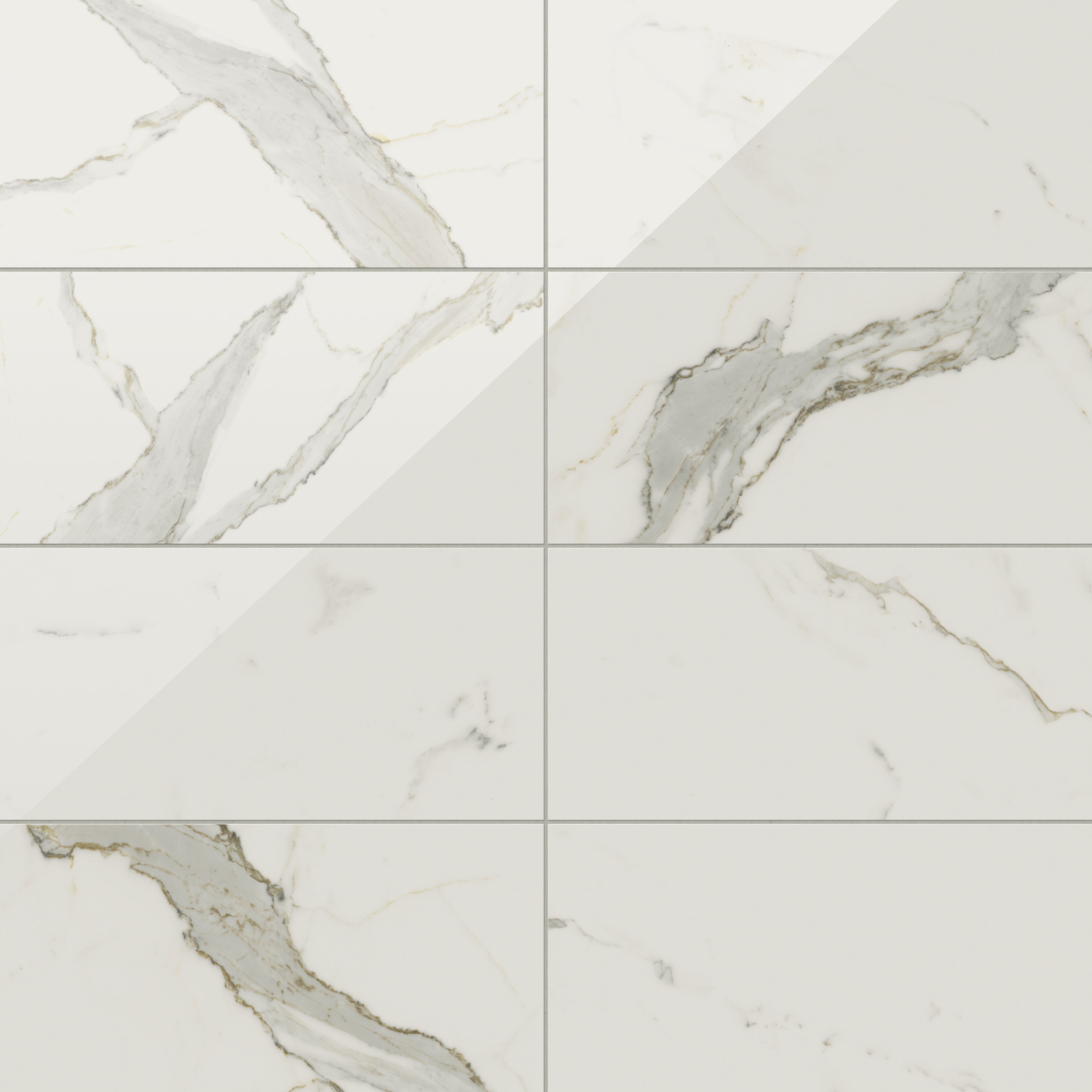 Polished Calacatta Top porcelain marble look tile in 12x24 format, featuring light grey veining on a crisp white background for a modern, sophisticated look.