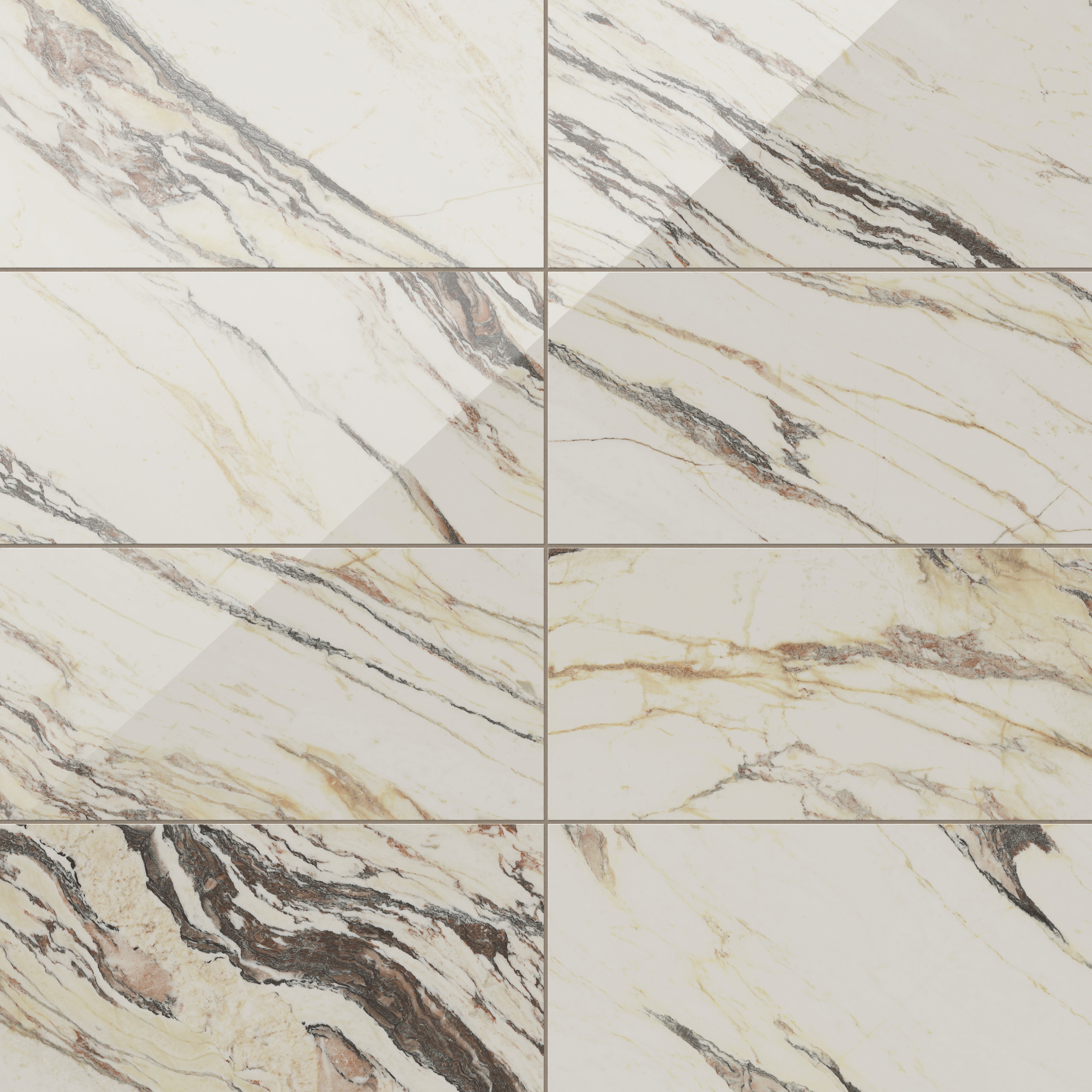 Polished Calacatta Viola porcelain tile in 12x24 format, showcasing brown veining on a beige base for a bold, luxurious design.