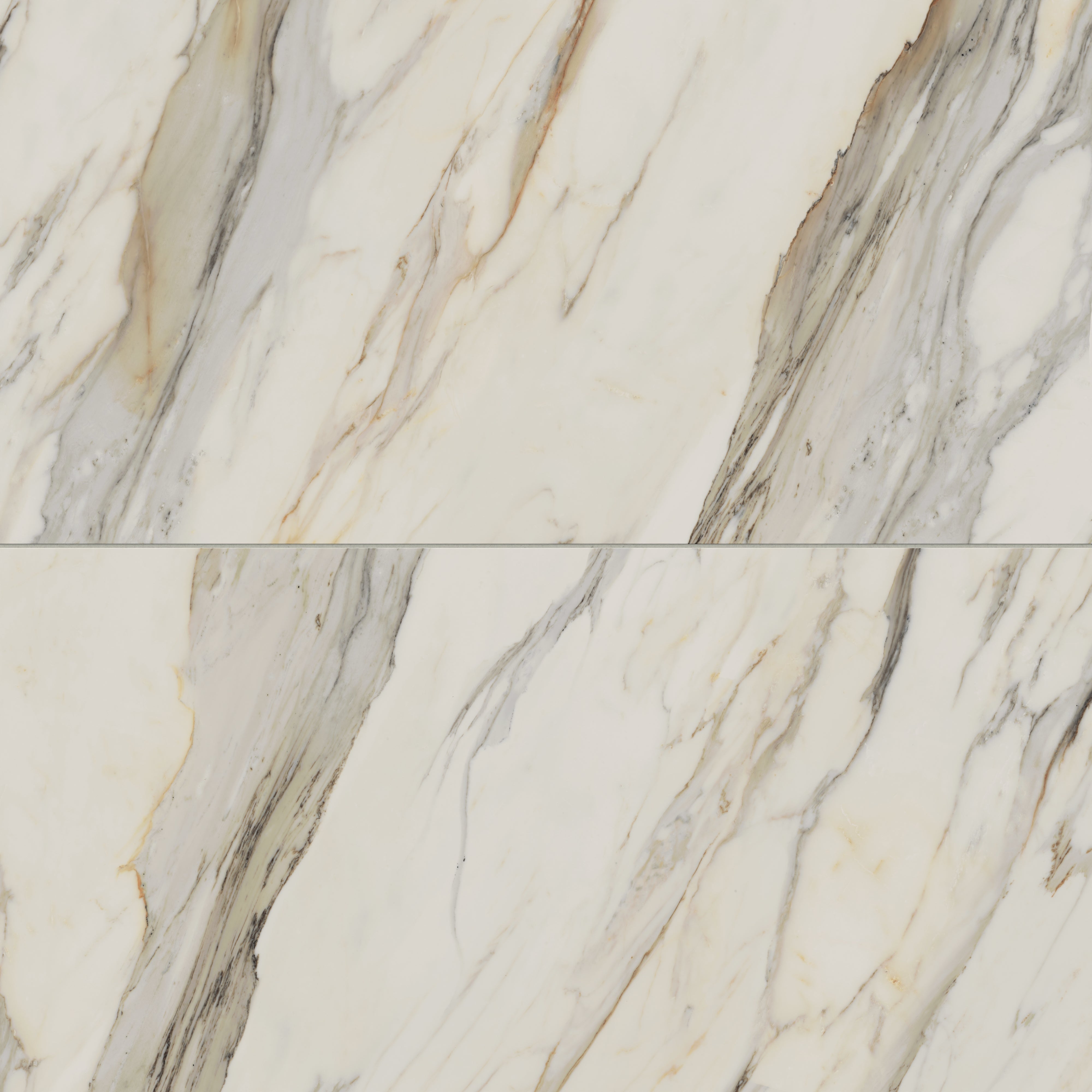 Matte Calacatta Cremo porcelain marble look tile in 24x48 format, showcasing taupe and light grey veining on a beige surface for an elegant, expansive look.