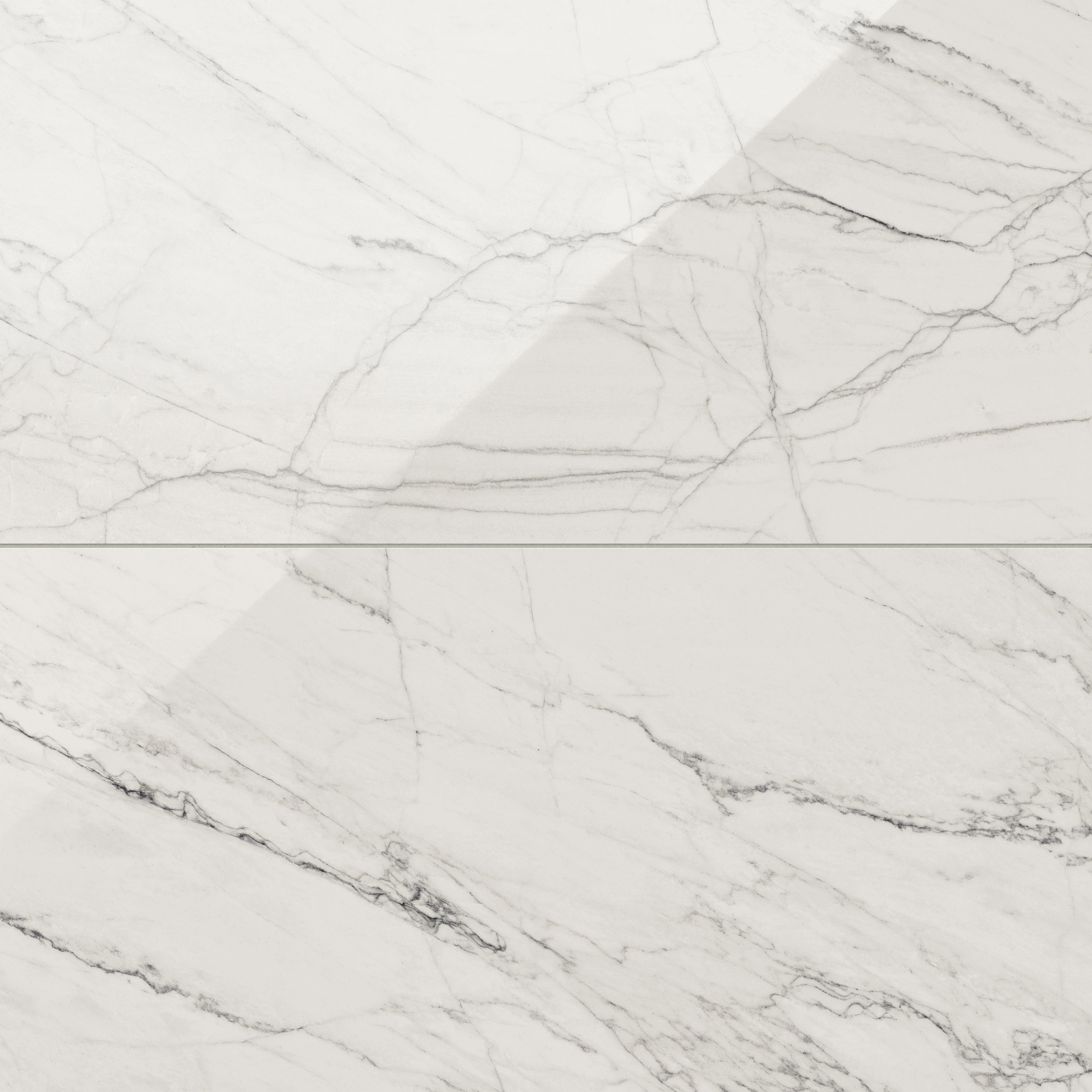 Close-up of Calacatta Quarzite marble look tiles with light grey veining on a soft white base, offering a sleek and polished aesthetic.