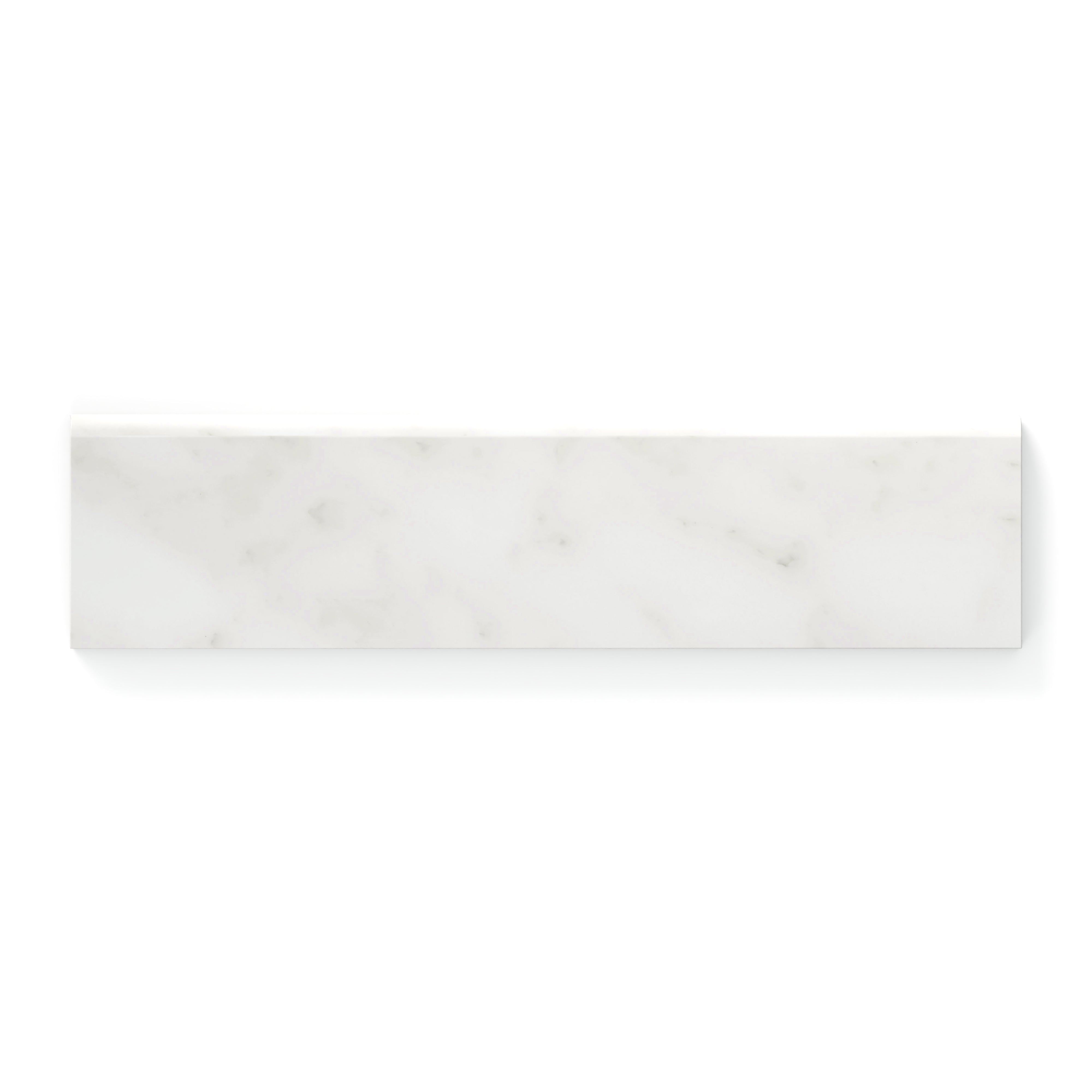 Refined white Carrara Bianco 3x12 bullnose marble look tile in a matte finish, showcasing subtle light grey veining for a classic and seamless edge detail.