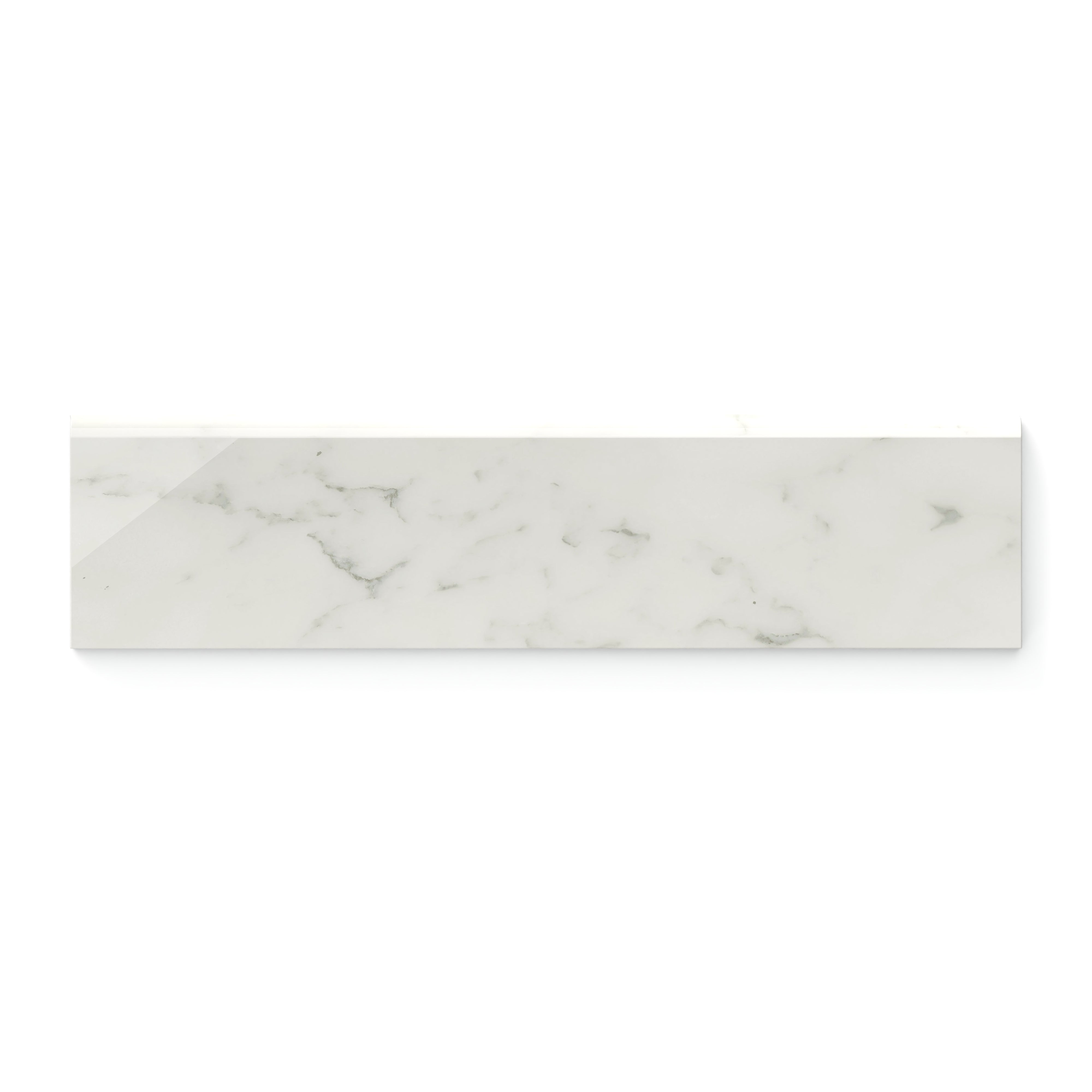 Polished Carrara Bianco 3x12 bullnose marble look tile in white featuring light grey veining, ideal for achieving a seamless and timeless finish.