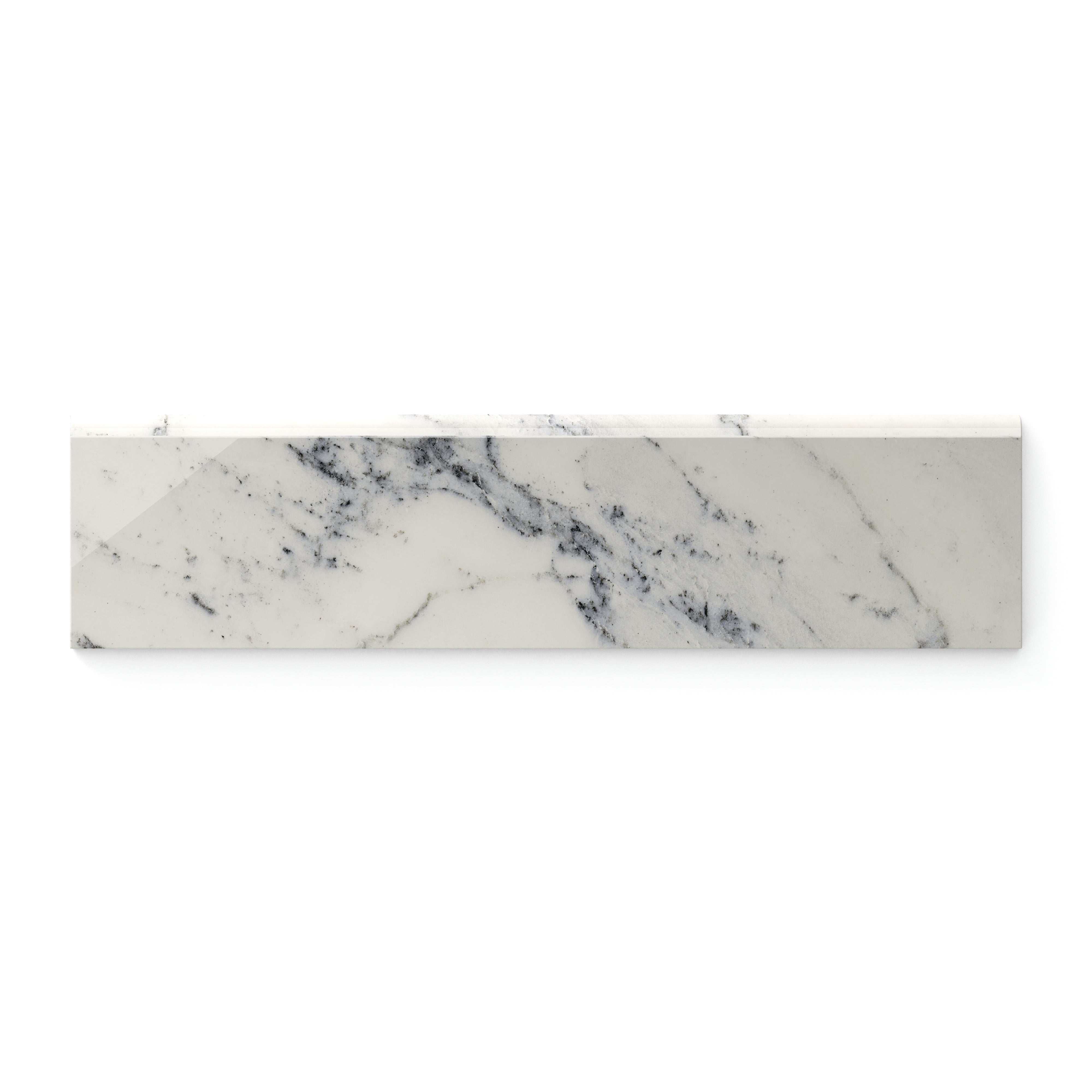 Polished white Calacatta Antico 3x12 bullnose marble look tile featuring light grey and blue veining, ideal for adding a sleek and elegant finishing touch.