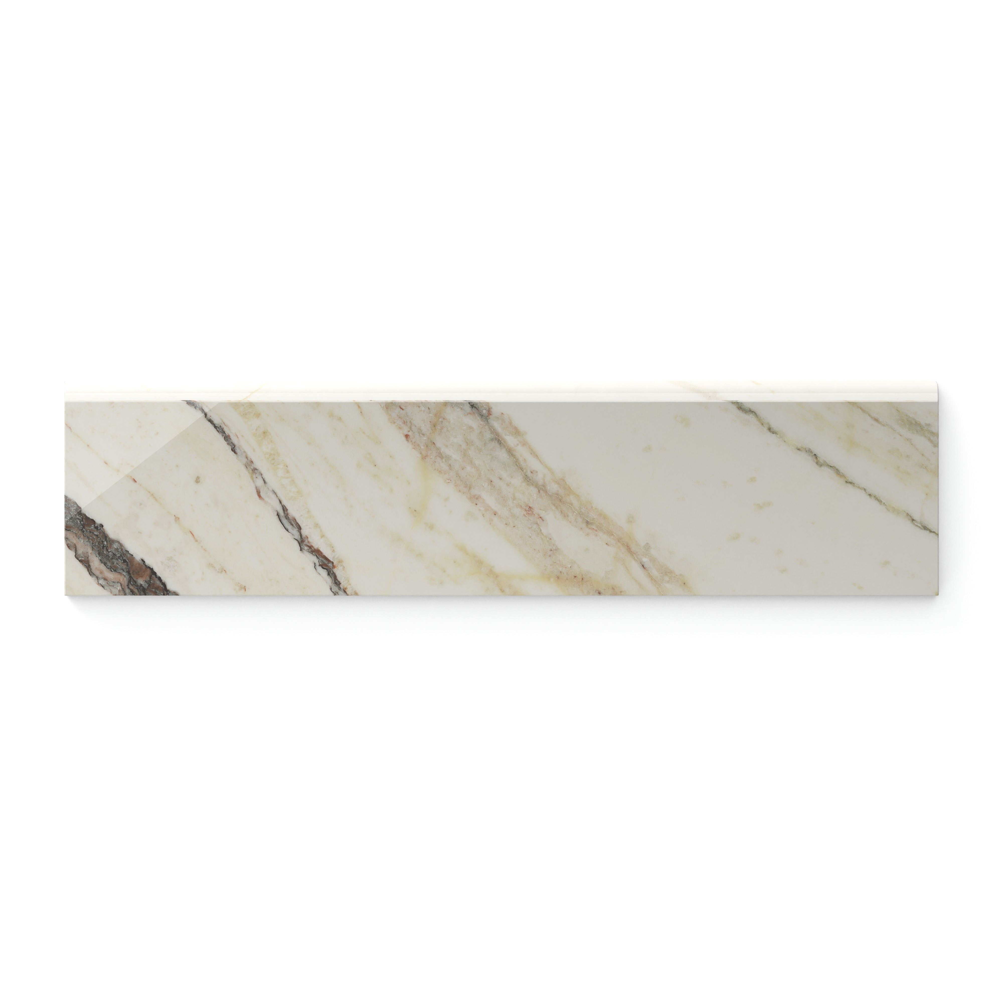 Polished beige Calacatta Viola 3x12 bullnose marble look tile with striking gold and brown veining, designed for a bold and refined edge detail.