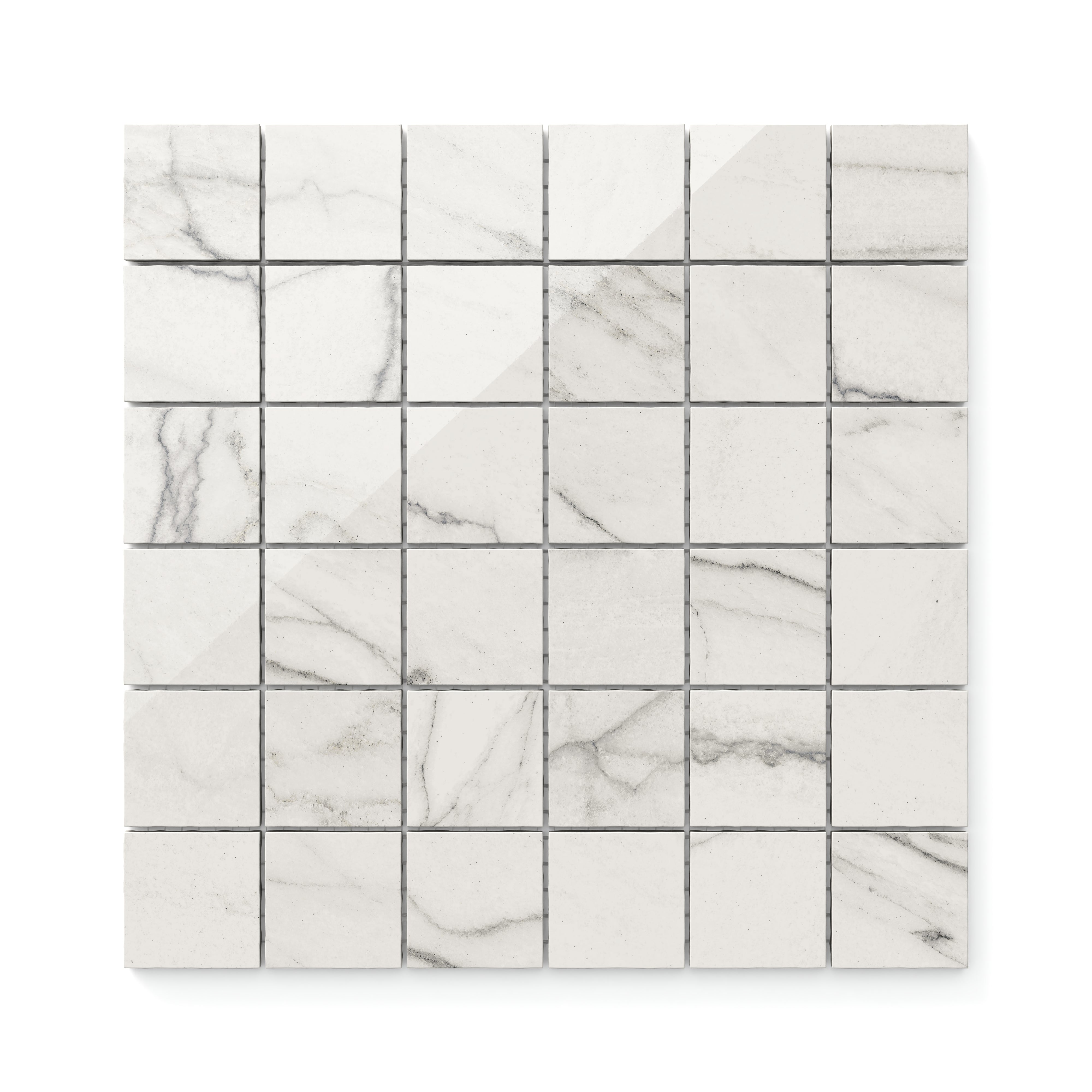 Polished Calacatta Quarzite 2x2 mosaic marble look tiles with light grey veining and white background, offering a sleek and modern touch to sophisticated interiors.