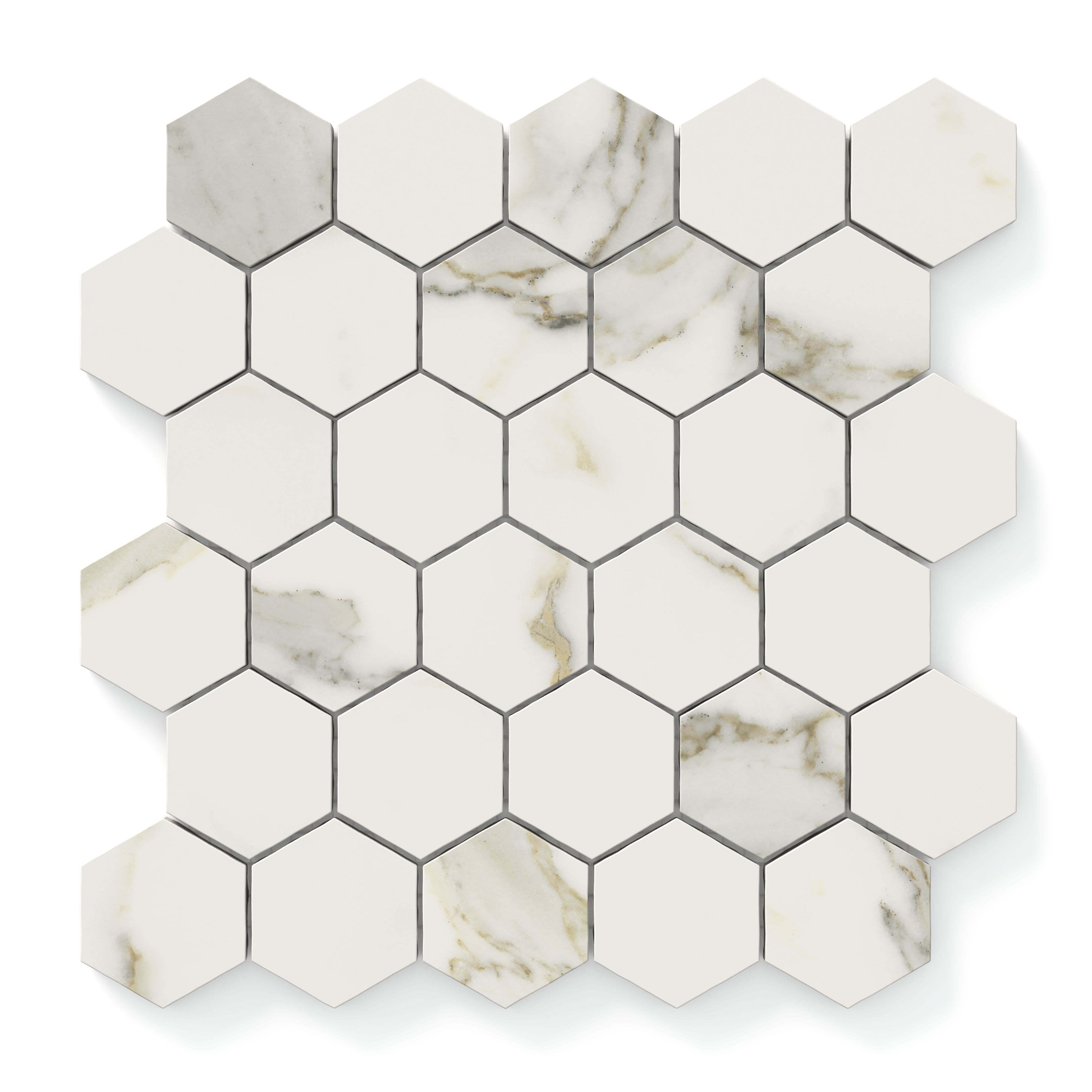 Calacatta Top hexagon mosaic marble look tiles with creamy white tones and light grey veining, ideal for creating timeless and luxurious spaces.