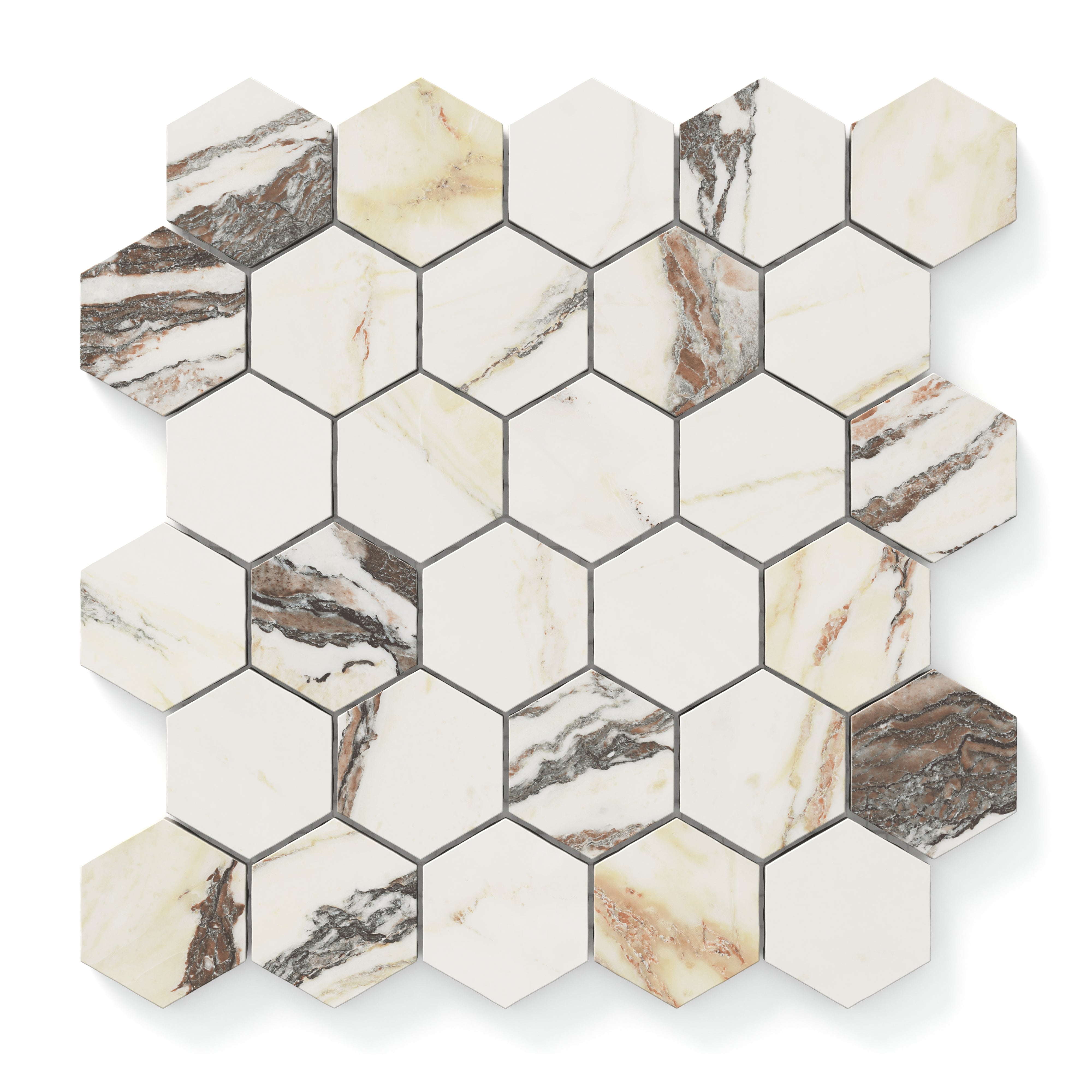 Close-up of Calacatta Viola hexagon mosaic marble look tiles with striking veining in beige and brown tones, perfect for adding timeless elegance.