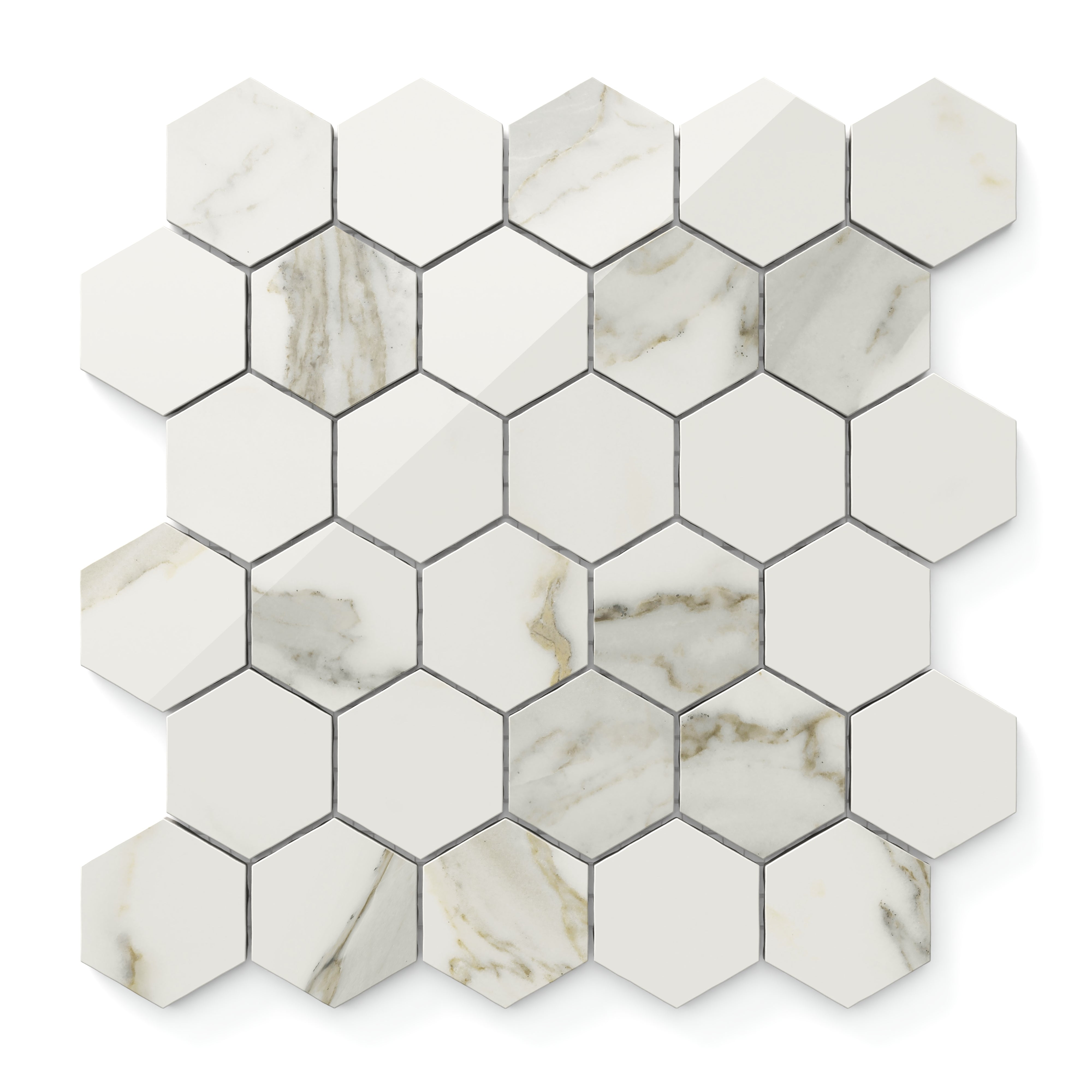 White polished Calacatta Top hexagon mosaic marble look tiles featuring light grey veining, offering a luxurious and timeless design.