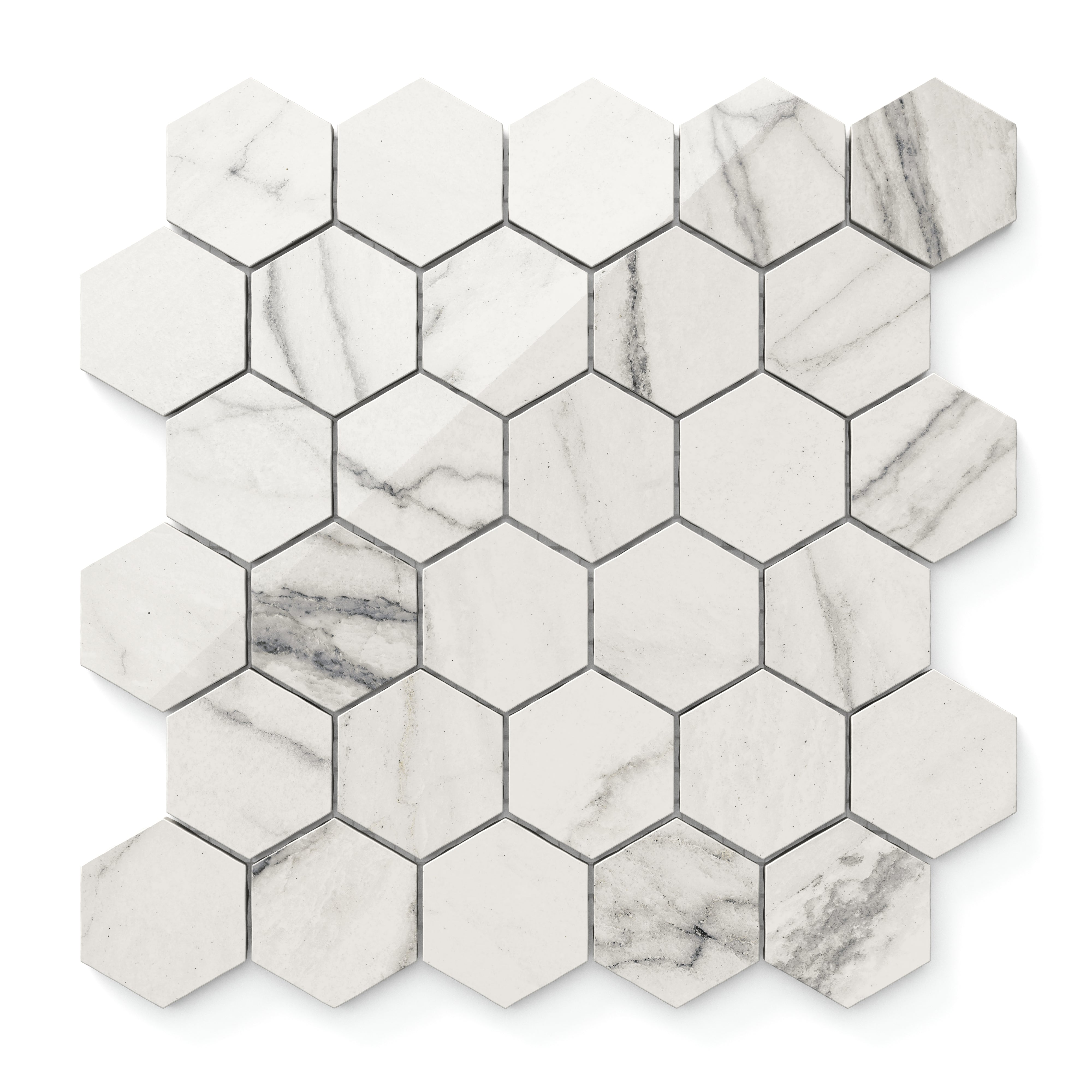 Polished Calacatta Quarzite hexagon mosaic marble look tiles showcasing light grey veining and a clean white backdrop for a modern look.